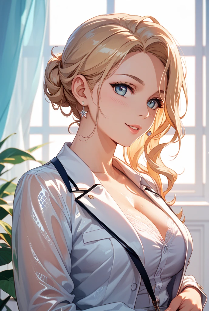 (best quality, highres), portrait, Elegant mature woman, blue eyes, long hair, swept-side bang, blonde, big breast, high resolution cg 8k, beautiful cg, soft light