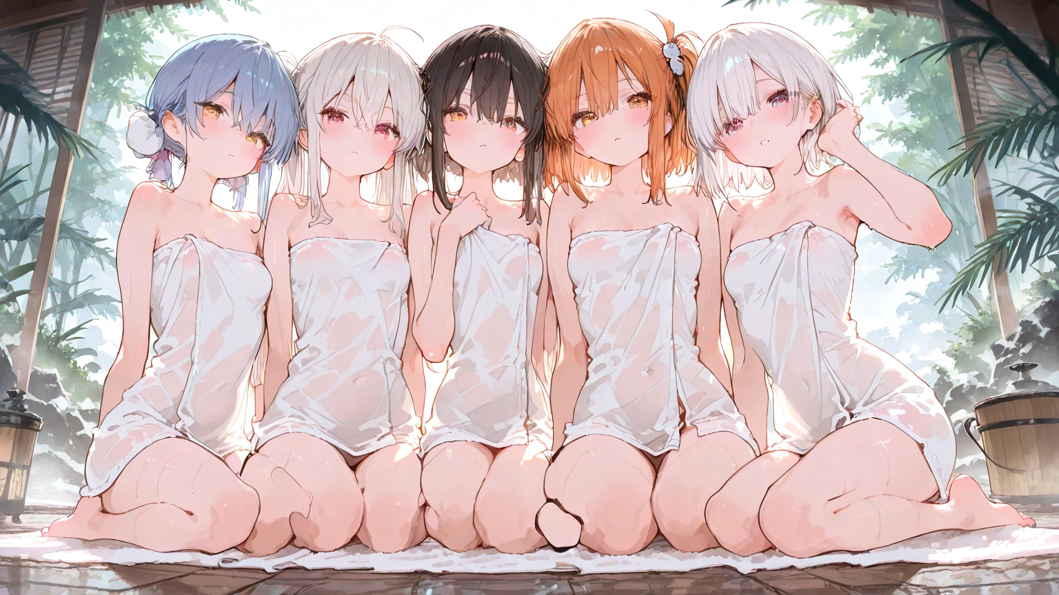 a group of naked sex slaves in a slave market, only girls, completely naked, vagina, slave collar, sexy, sweaty body, wet body, ecstatic face,