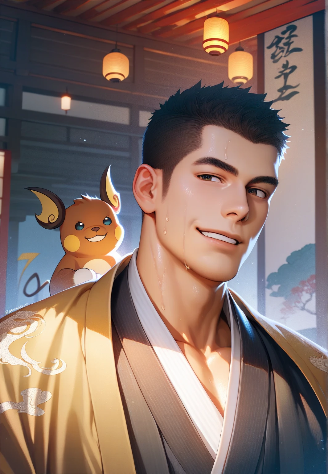 (Best Quality, Anime style:1.2), Golden Rooster, Eyes and faces with detailed, Adult handsome and sexy man、Wear a kimono that exposes your chest., (((Kimono with golden feather pattern)))、thin strips、The obi is lowered by hand、Gorgeous kimono、At a shrine with a torii gate, Bright colors, Sunset lighting, ((Kimono with bird feather pattern)), bare upper body, muscular with a thick chest,,,,,,,,,,,, slender physique, Hairstyle like a mohawk, Brown hair, (Hugging pose towards us), Vibrant, Joyful smile, Background of falling golden bird feathers、Colorful painting