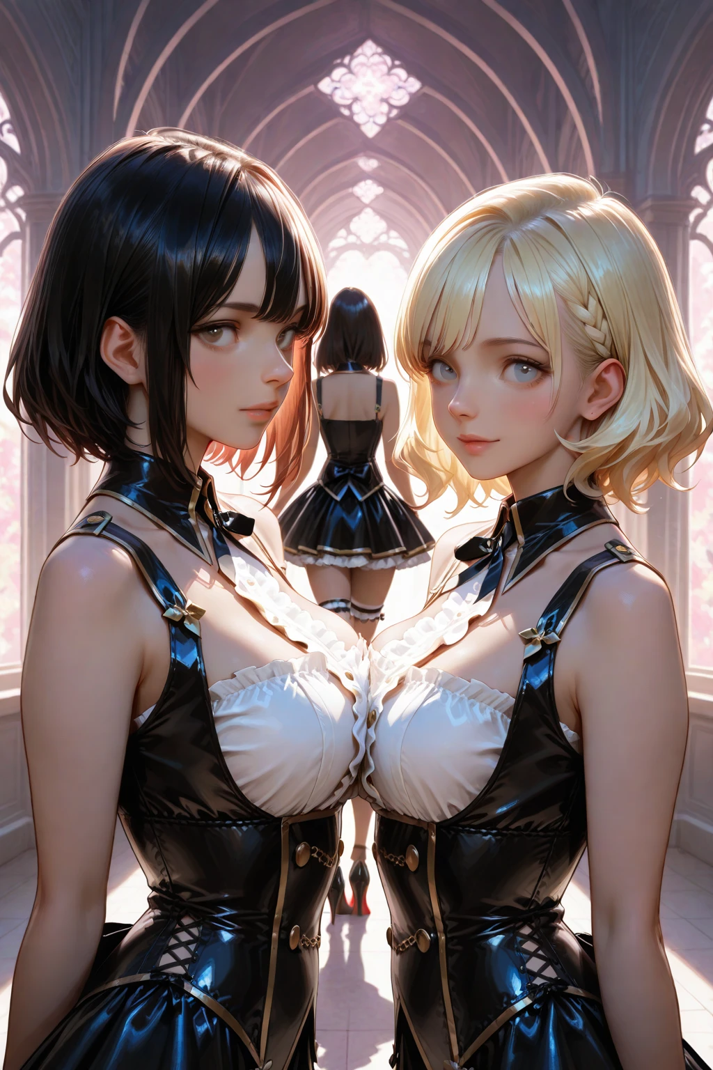 Dungeon Background, Highlighted, Three Maids, Maid Coat, Beating, Abused, Thong, Standing, Standing, Big Breasts, Golden Chains, Long Braids, Blonde, Snow White Skin, Black Neck Ring, Black Cord, Bright, Binding, Corset, Bondage, Dripping Wax, Nipple Ring, Yin Ring, Shy, Tears, Shy, Embarrassed, Crying, Saliva, Colar Triangular Trojan, Chained Hanging, White Wax, Shackles, Splints, Handcuffs, Hugs, Kissing, Licking, White Stockings