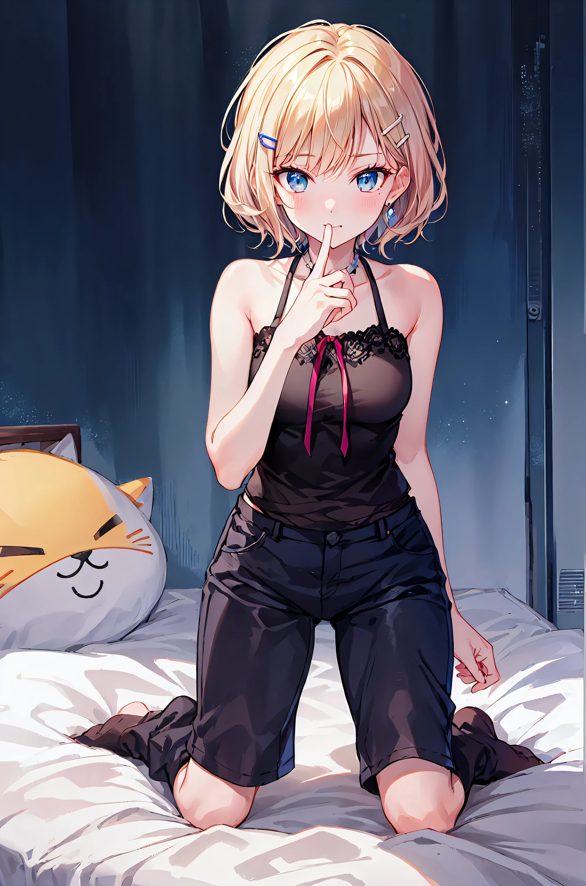 1boy, solo, black eyeliner, bob hairstyle, blonde hair, handsome, blue eyes, black choker, white long Bandage glove, kneeling, black pants, bed, room, pink lipstick, femboy, blush, thin waist, thick eyelashes, (long eyelashes, detailed eyelashes)