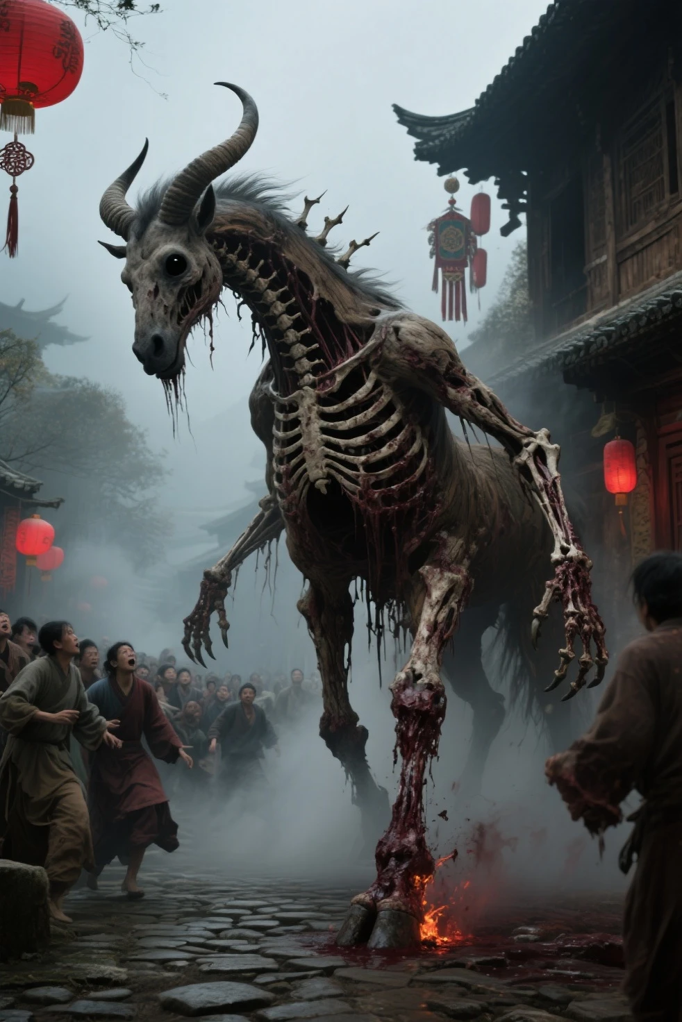 a (zombiecd, rotting:1.3, ribs:1.2, injury, bone, spine, ferocity, damaged, dirty, blood on face, black blood, clotted blood, zombification, bleeding, crack, horror \(theme\):1.3) (chinese dragon:1.3, eastern dragon:1.2), (solo:1.2), (flying:1.3, levitation), <lora:zombiecd-000016:0.9>, no humans, high quality, masterpiece, fantasy, realistic, photorealistic, (outdoors, full body, midair, at night, dim light)