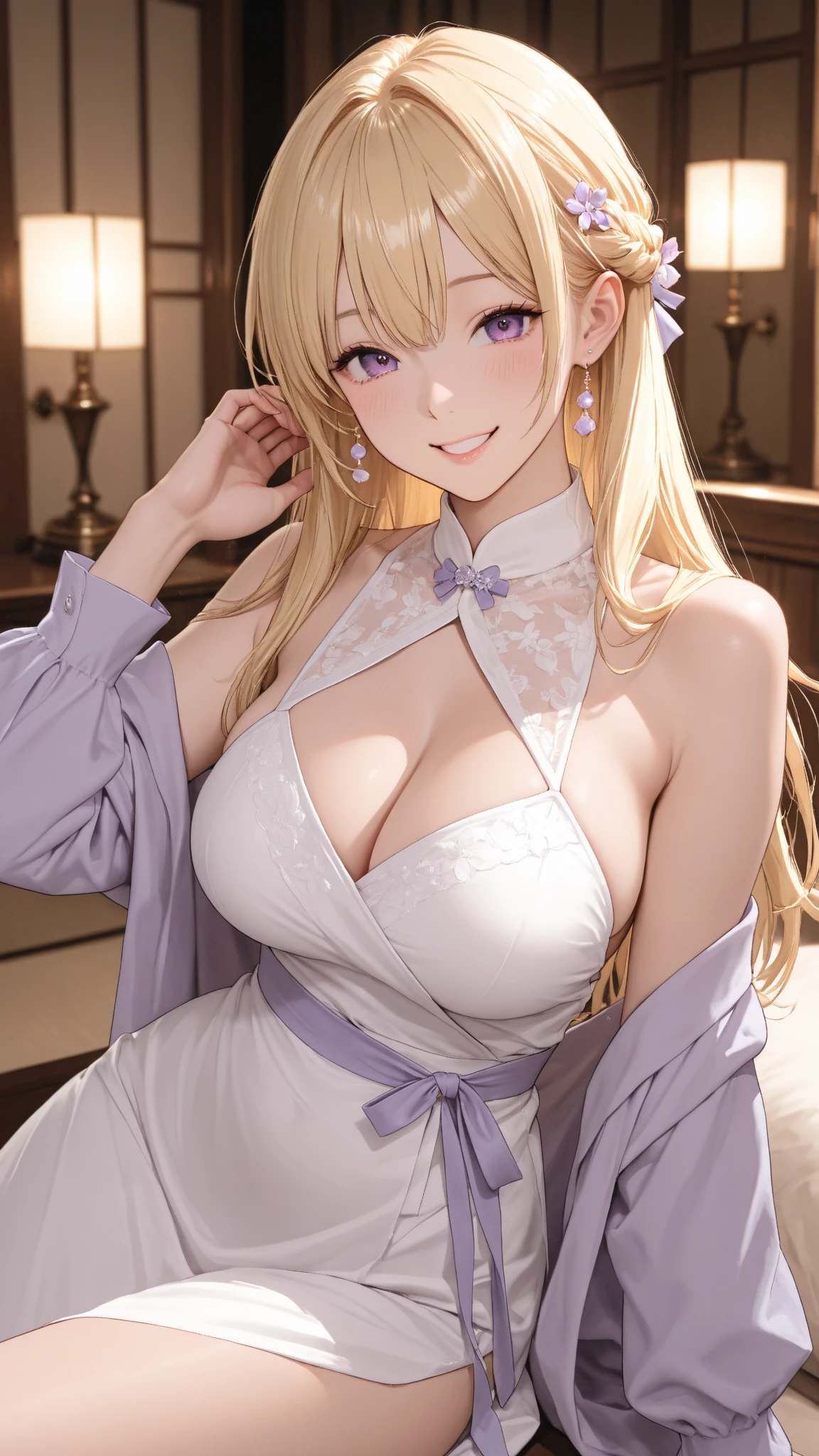 slender, mature female, 1girl, rating:safe, blonde_hair, purple_eyes, solo, looking_at_viewer, breasts, long_hair, smile, lips, closed_mouth, hair_between_eyes, bangs, bare_shoulders, large_breasts, medium_breasts, dress, cleavage, jacket, head_tilt, tabard, black_dress, sleeveless, chinese_clothes