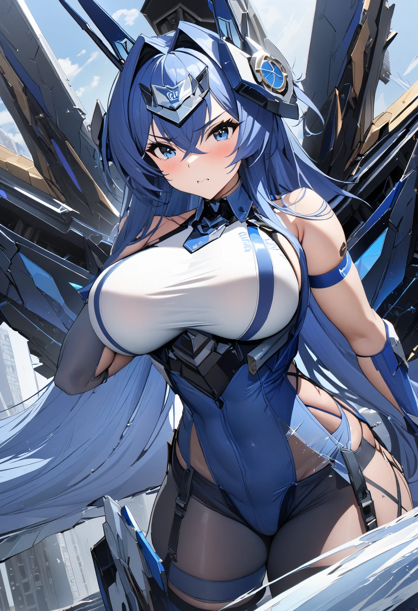 masterpiece, score_9_up, score_8_up, score_7_up, source_anime, best quality, extremely detailed, 1girl, milf, solo, kula, (gigantic breasts:1.2), ((((blue hair), long hair, red eyes, fox ears, blue fox tail, six tails)), parted lips, (((ryuukomatoicosplay, matoi ryuuko \(cosplay\), living clothes, navel, revealing clothes, showgirl skirt, skirt, suspender skirt, suspenders, underboob, life fiber, midriff, sideboob))), ((evil smile), closeds mouth), ((cityscape))