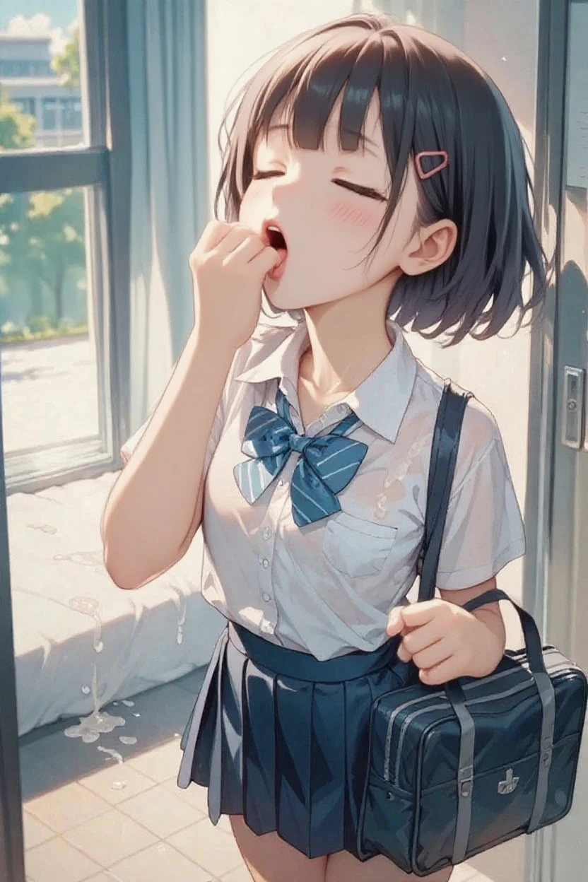 (Realistic:1.5), (masterpiece、Extremely detailed 8K CG、Sharp lines:1.2)、high school girl、Black-haired、Thighs Thighs Thighs Thighs、Beautiful Anime 、Smooth anime CG art、Beautiful Anime 、Beautiful Anime girl, (Beautiful girl at 10 years old:1.4), Detailed skin, (Glowing Skin:1.6)、short hair、Beautiful black hair、Brown eyes、(A lot of sweat:1.2), (Flat Chest:1.6), (Emaciated:1.5), (school uniform:1.7), (Sailor suit:1.6), (Dark blue pleated skirt:1.6), (whole body:2.2), alone, (One Girl:1.4), (Kneel:1.5), (From the side:1.5), (From below:1.3), In the classroom, (blush:1.5), (distress:1.4), (Spread your legs:1.4), (Open your mouth:1.3), (Clear drool overflows from his mouth and drips down his chin.:1.4), (Half closed eyes:1.3), (Sweat flows from the pubic bone:1.5), (Are crying:1.4), (Many tentacles are wrapped around her:1.4), (Short sleeve:1.2), (White socks:1.4), (Brown Loafers:1.5), (Put your arms behind your back:1.5), (arched back:1.4), (Beautiful feet:1.5), (Clear pee:1.8), (Dark Skin:1.4)