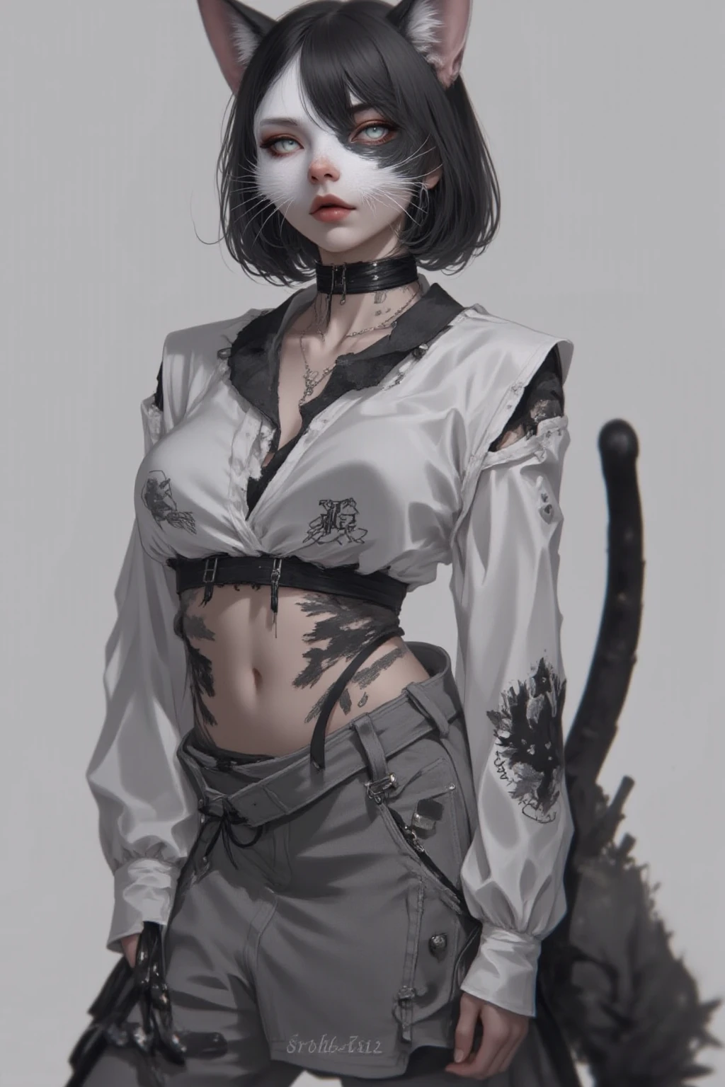 A furry cat girl with purple brown fur, short black hair turned to the left, with two black lines on each cheek, bright purple eyes with black stripes, two very small purple horns at the dark ends and lighter at the end, but have to brown, half-purple fuzzy ears with black stripes behind the horns. She wears a spiked collar, black gloves with white fingers reaching almost to the elbow, a short black t-shirt with white stripes at the edges, short sleeves and a white pentagram in the center. Her short shorts are black with white edges, revealing the panty line, and she wears black pantyhose with two white stripes at the beginning. Its belly is white in the center, and she has a huge fluffy tail at the end, plus a black halo with an X in the middle, very chubby.