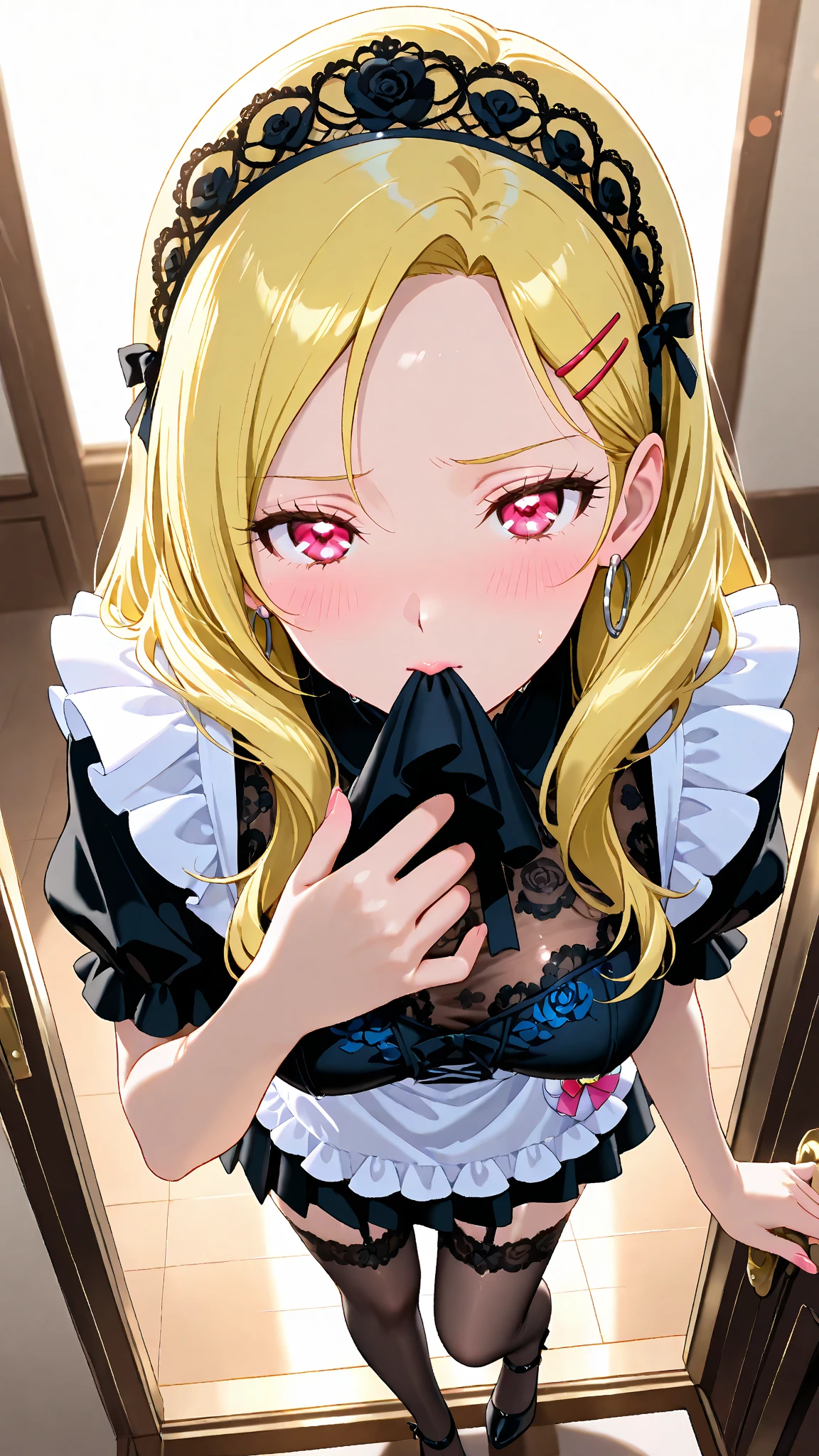 Shiny blond hair, very long hair, sophisticated haircut, ((((hair fully braided)))), ((small twisted braids)), thin and oval face, submissive, (((gagged))), ((((very cute maid girl)))), ((((very cute black maid dress)))), ((((cute waitress serving a blond man)))), cute and blushing 18 years old anime girl, look away because she is embarrassed and blushes, bright blue eyes, detailed face, detailed members, detailed arms, detailed hands, ((((sparkling diamond jewelry)))), tiara, ((makeup)), high heels, puffy sleeves, long gloves, long eyelashes, maid costume, maid dress, maid girl, Girl lying, tied by ropes, shackled, can no longer move, tied tightly, very hard tied up with lots of ropes, hampered by so many ropes that she can no longer move, bound hands and feet, ropes tie his whole body, tied extremely tightly and forcefully to her bed by a lot of ropes, its limbs are strongly tied together by ropes, his torso is tied up with thick cords, her chest is so tied up with ropes that it sticks out, her legs are tied tightly with thick ropes, his hands are tied behind his back with ropes, she can no longer move her feet, her hands which are tied by thick ropes, she desperately tries to free herself, likes to be tied tight with big ropes, likes to be immobilized by big ropes, lying down, his hands and feet are strongly tied to the railing of his bed, his legs are pressed together and tied with ropes, its limbs are held vigorously by imposing ropes, her hands are tied securely behind her back by ropes, her chest is compressed by strong ropes, she is pressed against her bed and restrained by large ropes (shibari, arms behind the back:1.4), (hands on the back), (masterpiece, best quality) 1.5, 1girl, solo, (sexy, beautiful woman, perfect face, perfect eyes, perfect hands), samus aran, (shibari, arms behind the back:1.4), (hands on the back), Spread the legs, s&#39; ((lie in bed by big ropes)), ((close up of the girl)), ((((lie in bed))))