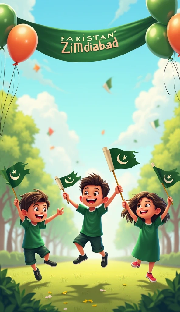 children running in jungle having pakistani flag in their hands in happy mood