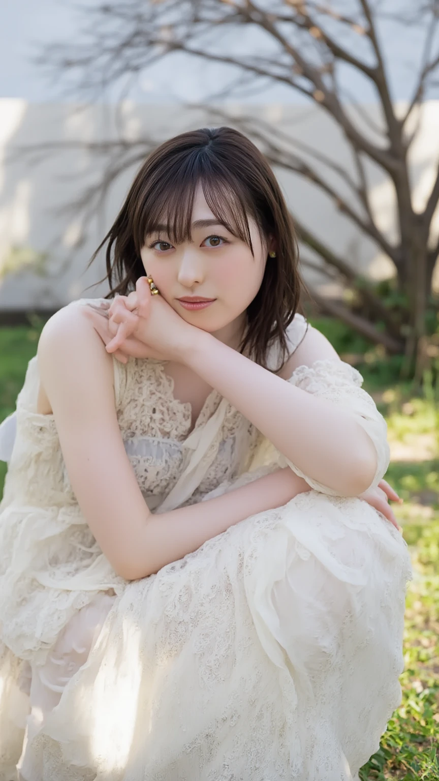 Beautiful mature 55 year old Japanese woman, Married women, Fine Lines, Long eyelashes, Shining Eyes, Low Ponytail, smile, Red lipstick, elegant, Pearl Necklace, Sexy Lingerie, ((whole body)), sunny, ((lying on the green grass)), ((Lying on your back)), (Highest quality,4K,8K,High resolution,masterpiece:1.2),Very detailed,(Realistic,photoRealistic,photo-Realistic:1.37),High resolution,超High resolution,Studio Lighting,Ultra-fine painting,Sharp focus,Physically Based Rendering,Very detailed説明,Professional,Vibrant colors,Bokeh,Portraiture