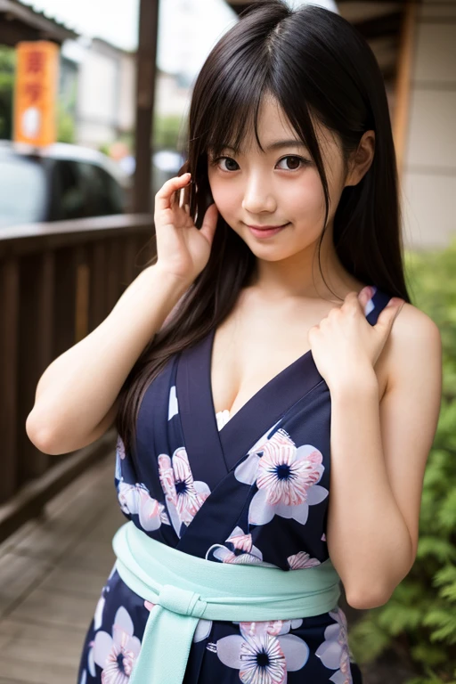 （8k、Raw photography、highest quality、masterpiece：1.2),(black hair、very short hair:1.7),(curly twintails:1.4),show viewer,Looking at the front,erotic,white skin,(She wears a brightly colored white and pink kimono with a floral pattern.:1.6)、(Clothing that emphasizes the shape of your chest、exposing skin:1.5)、(big breasts :1.4)、slim body shape、ultra high resolution,beautiful,beautiful fece,(alone, alone、no background:1.9),whole bodyボディー,japanese woman,（Photoreal：1.37）、photon mapping,reality、(Baby-faced and cute: 1.0)、(cute smile: 1.7)、(With a round face: 1.8)、radio city、Physically based rendering、depth of field rally background、photograph, (I can see your knees,close up of thighs、short kimono、I can see white panties:1.6),whole body、super fine