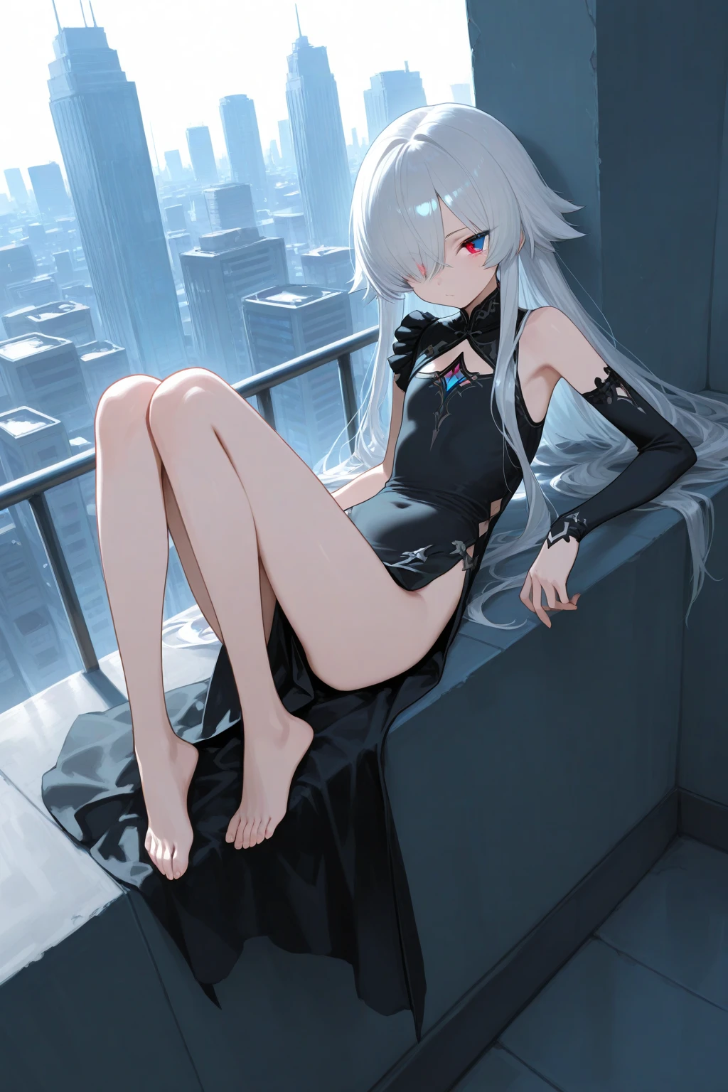 ((Best illustration)), super clear and delicate, lying position, loli style, white hair, clear eyes, small body, big breasts, with leg rings.
