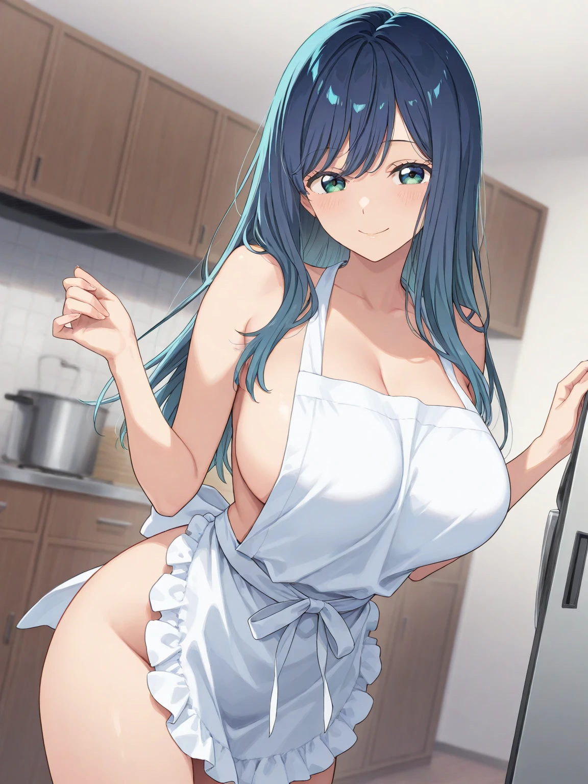 ((White liquid in the valley)), ((Red bra)), ((nurse's outfit)), of the highest quality, (masutepiece: 1.3), (max resolution: 1.2), (Ultra HDTV: 1.2), cinematric light, Ultra HDTV, (Detailed eyes and skin), (detailed facial features), nffsw, 8K resolution, Sharp Focus: 1.2, Perfect Style, Beautiful face, acurate, Anatomically correct, Highly detailed face and skin texture, Detailed eyes, (1girl in), (Solo), (Light blue hair), (Naked:1.3), (White Apron), Large breasts, cleavage, (Blushing:1.3), In the kitchen at home