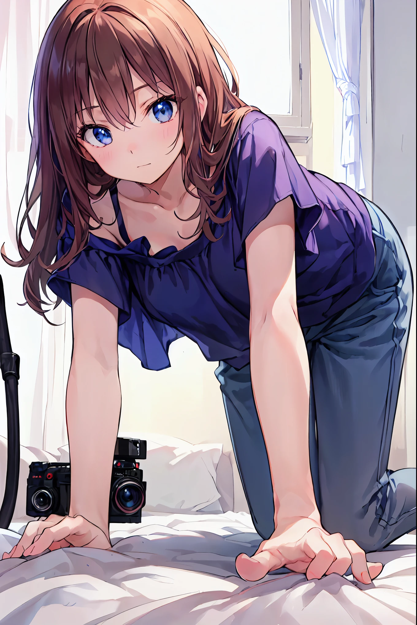 (破壊のないperfect anatomy:1.3),(Accurate and  details Beautiful Eyes,shining eyes),((top quality, 16 kg, masterpiece: 1.3)), Beauty, 1 person, big: 1.2, Slim Abs: 1.1, (gets on all fours:1.3), (:1.3), (super  details face, highly  details lips, Beautiful Eyes, double eyelid), short hair, stop temporarily, chestnut brown camisole,Maroon Shorts､ White Bed, camera'Vision, Boy sweat , interesting, sleepy look, from below, (1 personの:1.3),(perfect hands:1.3),(perfect anatomy:1.3), (masterpiece:1.3),(top quality:1.3),  details,8k seconds：high resolution,beautiful  details eyes, cute eyes, shining eyes, 複雑なアイリスのdetails,   it is said  , shining eyes, pupil depth and three-dimensional effect,  subtle changes in the shade of the iris ,  Eyelashes with attention to detail ,  details eyes, ③Lighting：Best Lighting, Part 4-5: ultra- details face, details skin, ⑥Body type：(slim figure:1.3), Seven Heads, Tiny Head, ⑦ Skin: ⑧Performance：(:1.1), think, kiss, ⑨Style: Break 10. theme：Amadoca,(Mole under eye:0.8),short hair,bangs,hair clip, short hair、bangs、hair clip ⑪ Hair: shiny hair, Floating Hair, short hair, BLACK ROCK , Mole under eye, Mole, hair accessories, hair clip, Blake ⑪ Hair: shiny hair, Floating Hair, short hair, BLACK ROCK , Mole under eye, Mole, hair accessories, hair clip, Break ⑫ Environment： ⑬Composition： ⑭Costume : earring,　( For the whole body:1.3)、perfect hands、perfect finger、perfect palm 、Perfect Nails、Perfect Thumb 、perfect index finger 、perfect middle finger、perfect ring finger、perfect little finger、perfect textured hand、anatomically correct hand，correct foot anatomically correct、手は2Books､The legs２Books､Fingers５Books，