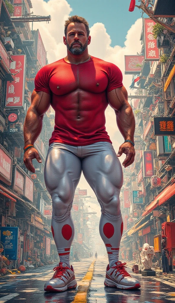 asian man, Piel blanca con tatuajes en el cuerpo, cabello negro, vista de su cuerpo completo caminando por la calle