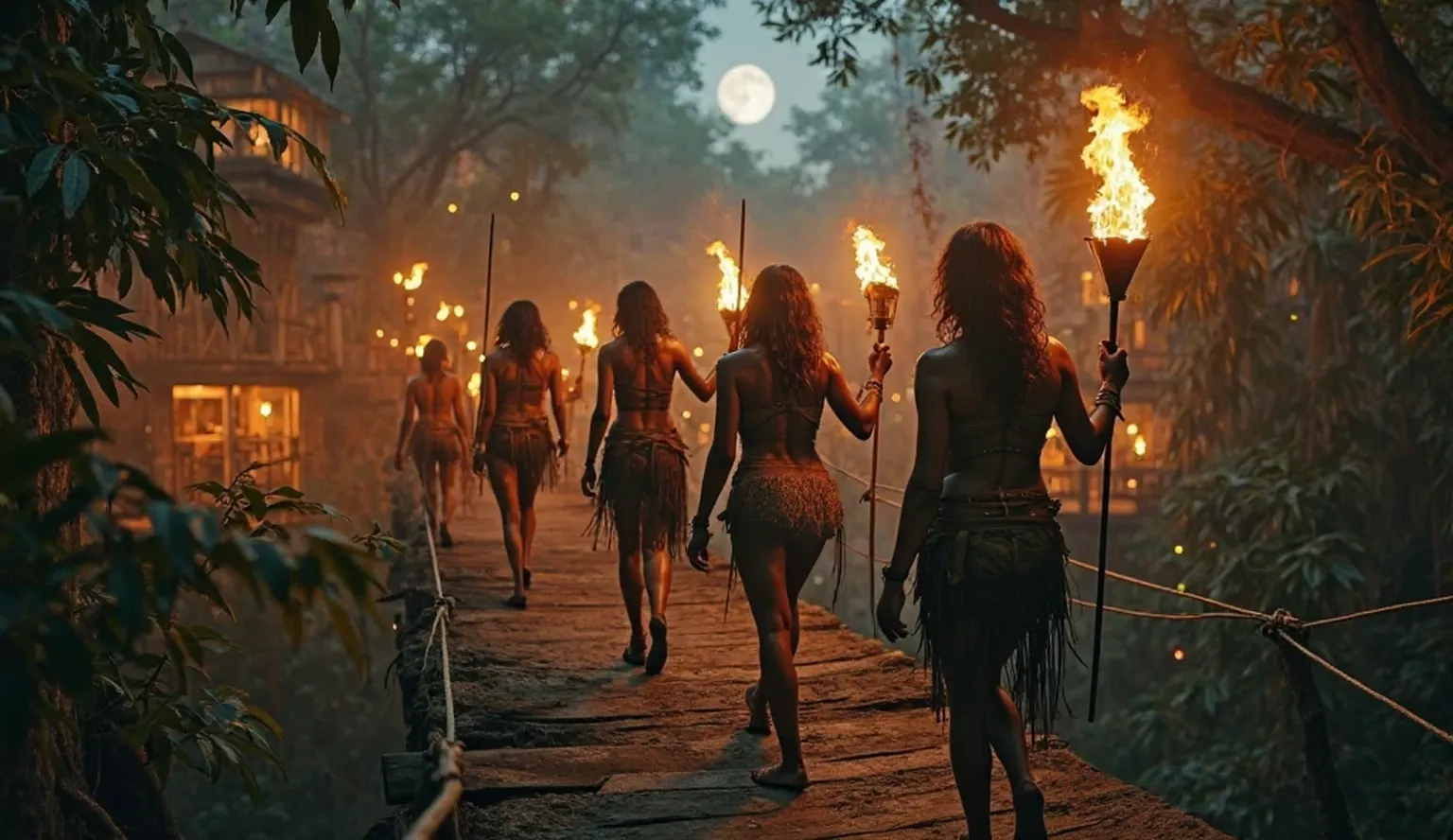 (best quality,highres,masterpiece:1.2),green-skinned,dark-haired drunken goblin women with crazy eyes and a few missing teeth,dressed like trailer trash with tank tops and daisy duke shorts,dancing seductively around a blazing bonfire in the middle of a desolate forest,casting eerie shadows,piercing their wild laughter through the night,while the fire illuminates their chaotic celebration, creating an atmosphere of debauchery and mischief,with smoke billowing and sparks flying in the air,their twisted motions and exaggerated gestures adding to the surreal and unsettling ambiance,as if they were under a spell,while the moonlight filters through the thick canopy above,adding a touch of eerie beauty to the chaotic scene,the goblin women's green skin glowing in the firelight,their movements a dance of primal energy and wildness,arguably both grotesque and strangely captivating.