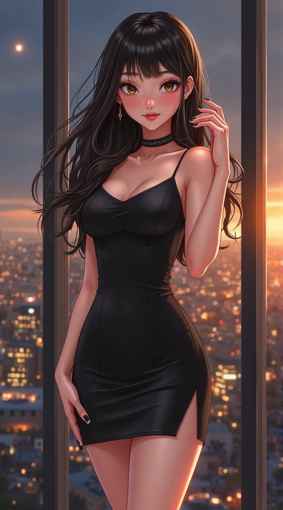((Highest quality, 8k, masterpiece :1.3)), whole body, Sharp focus :1.2, Beautiful woman with perfect figure :1.4, Slim Abs :1.2, ((Dark brown hair, Big Breasts :1.2)), Body Dress : naked, (Night city view, Modern balcony :1.1), Highly detailed face and skin texture, Detailed eyes, double eyelid, Small breasts, (((wearing naked))), Exposed cleavage, Indoor scene, office