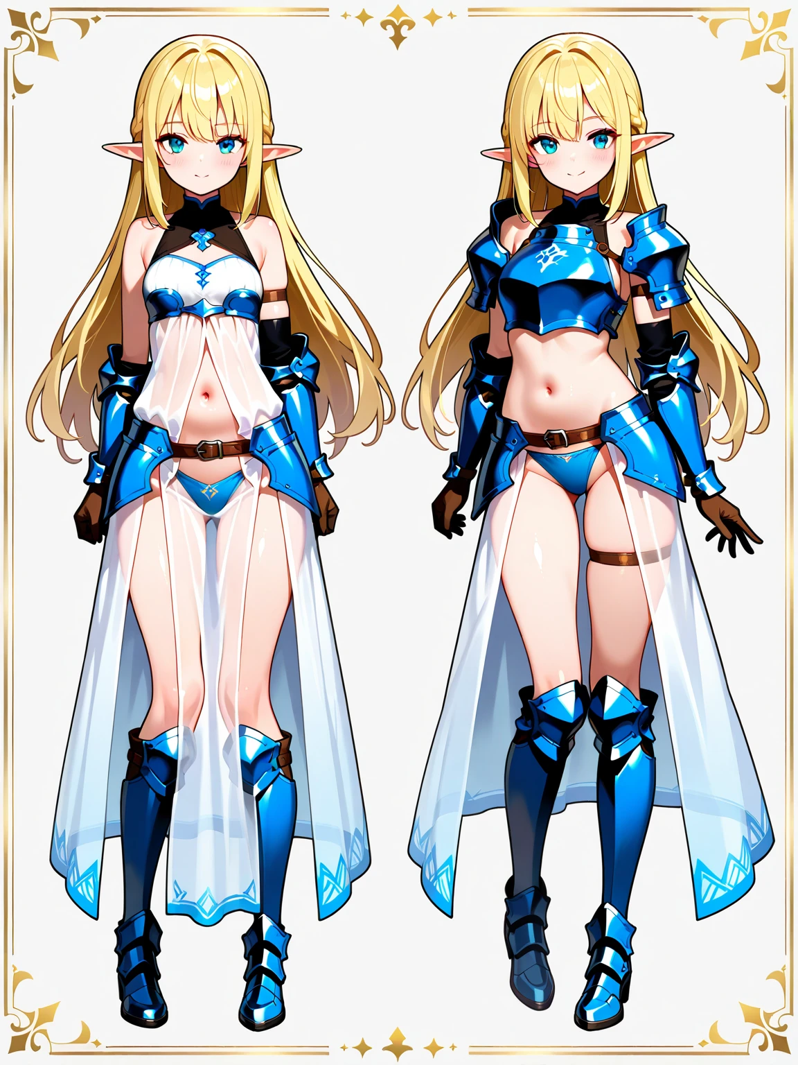 ((Masterpiece)), ((((highest quality)))), ((Character design sheet, same character, front, side, back), illustration, Blue Archive character, tanned skin, brown, ecchi anime style, ecchi, loli cute anime girl, long hair, pose, female elf, elf ears, (simple background, white background: 1.3) blonde, golden hair, red eyes, crimson eyes, Swordsman, Full Body, Full Body Figure, Pleated Skirt, Flipping Skirt, Rolled Up Skirt, High Leg Swimsuit Underneath, Character Design