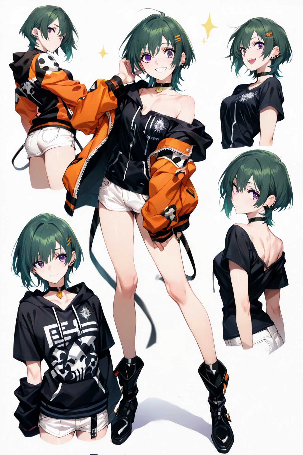 Character Sheets, Three types,Shot Full Body,Game Character Design,than a small flying moon,Girl in sunglasses and beans,Victorizo ∨TSE∨,Orange background,Stylistic expressionSame character, absurdress, Full of Details, ((Character design sheet,same character,front,side,backboob)),illustartion, big weapon, baggy clothes