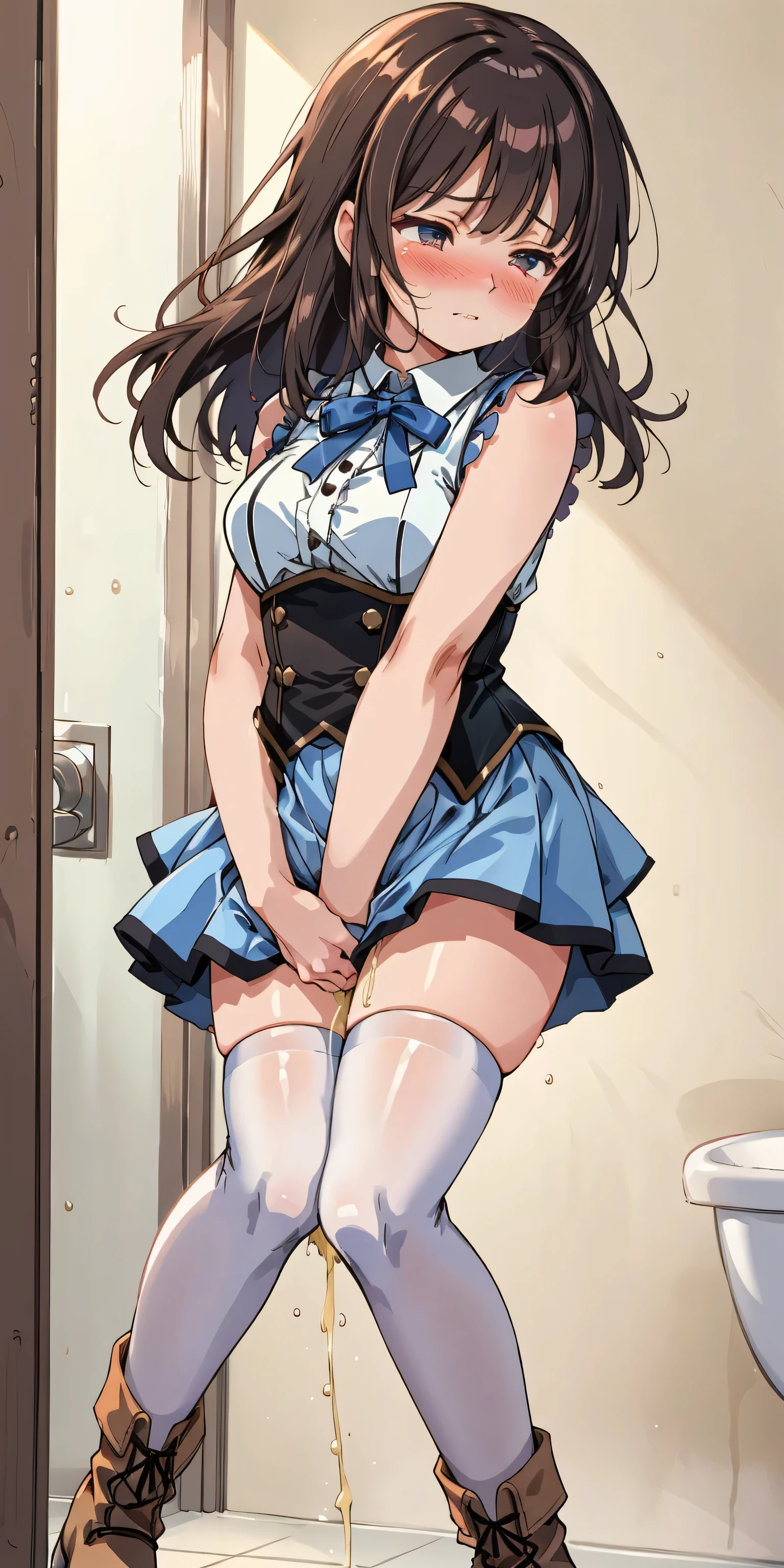 Portrait, official art, best masterpiece, best quality, best resolution, 8K, best detailed, perfect anatomy, 
BREAK
looking at viewer
BREAK
1girl, maya kai ni, x hair ornament, mini hat, beret, headgear, , sleeveless, white skirt, navel, (large breasts)
BREAK
have to pee, standing, (pigeon-toed, hold your crotch:1.1), (leaning forward:1.2), (trembling:1.4), (thighvibe), (vibrator in thighhighs:1.3), Dripping pussy juice, 
BREAK
(despairing:1.5), (blush:1.3), (female orgasm:1.3), (crying, tears), 
BREAK
(crowd:1.3), (huddle), sidewalk, city, very fine and detailed 16KCG wallpapers