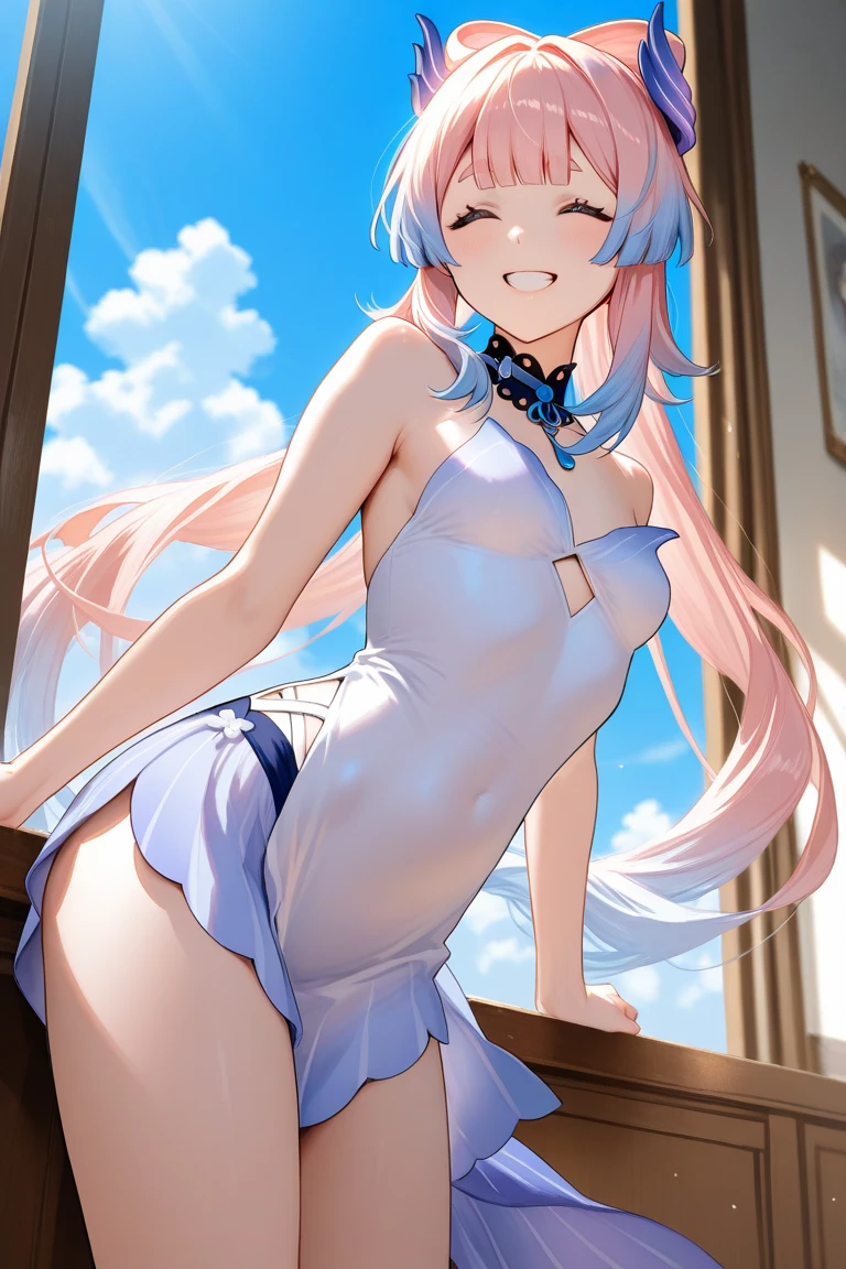 NSFW Roxy Migurdia, girl, (masterpiece: 1.1), (Highest quality: 1.1),(((topless)))++　Naked Milk Lobby, (White Bikini: 1.1), , mini skirt, break [Green Grass: pink, :0.5] Themed, (Urban Background: 1.1), Denim Lenses, break Silver, length, Green Eyes, landscape, , low length, , Flat Chest, small, Navel M-shaped legs　((Cute white panties )) Angle from below