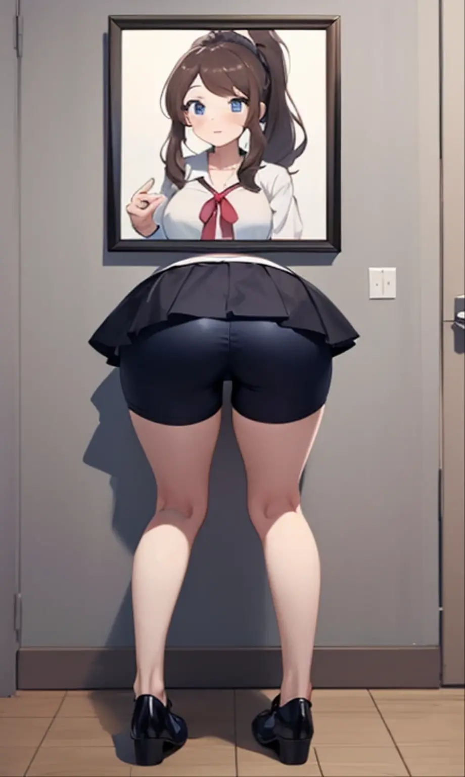 masterpiece, best quality, highres, perfect pixel, depth of field, 1girl, single, solo, beautiful anime girl, beautiful artstyle, (detailed face), (blush), anime CG style, (medium breasts), good lighting, perfect body, lips parted, (sakura kinomoto), glossy lips, cleavage, cheerleader, short skirt, lace panties, thigh highs, (glory wall pose:1.4), (picture in a frame), (ass focus:1.2), (skinny thighs)