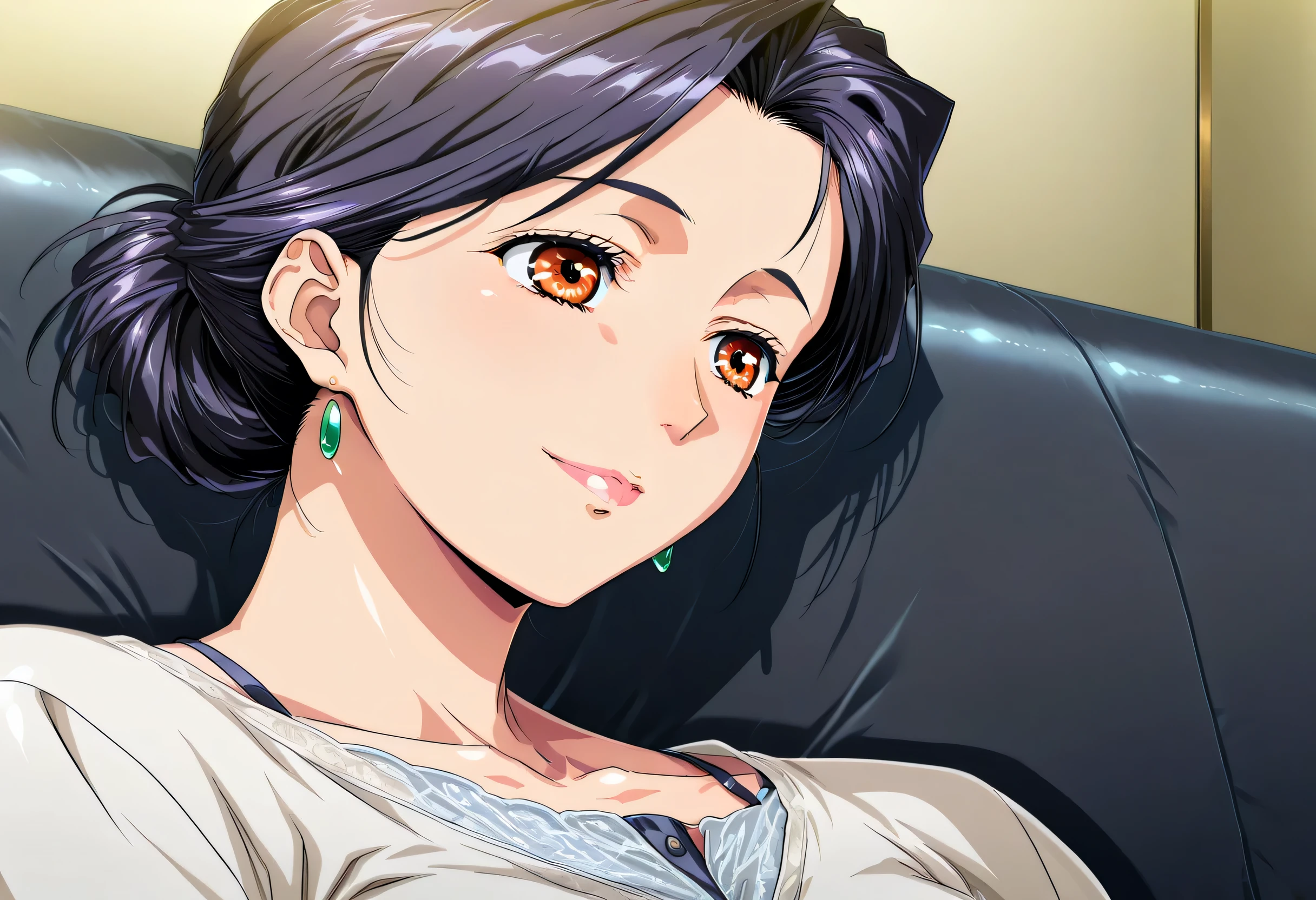 (Yokota Mamoru style),(portrait :1.4),girl viewed from the side , Vol horizontaltuous women, old, medium chest, Mature Woman, Motherhood, wide waist , score_9, score_8_ horizontal, score_7_ horizontal, score_6_ horizontal, Source_anime, beautiful face, expressive eyes, detailed eyes panty pants pantyhose , Alone, close- horizontal, sitting , Put your hands on the couch, indoor, Scenery, Dramatic Lighting, anime screencap, charming smiles