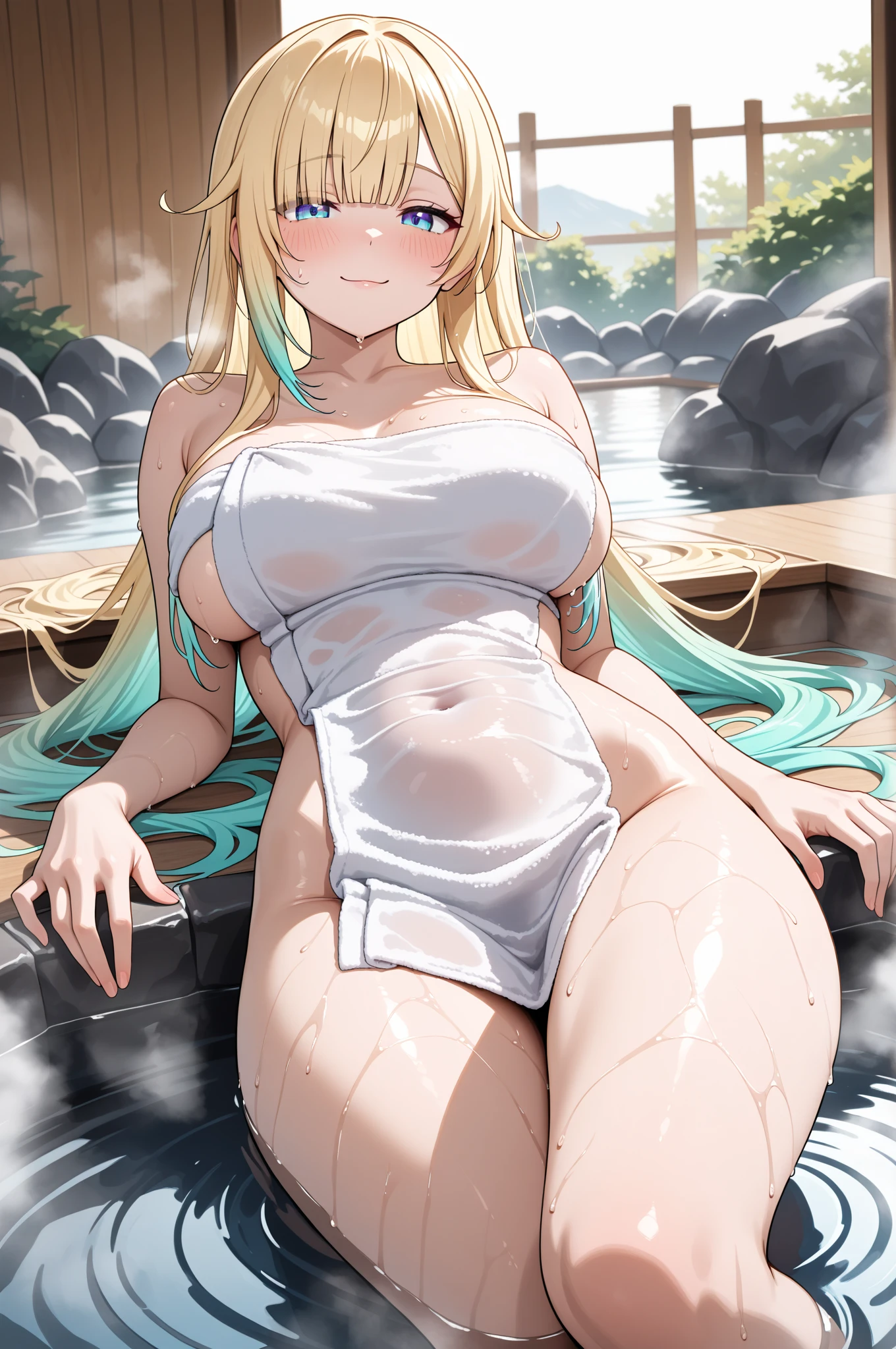 (perfect anatomy), masterpiece, highest quality, High resolution,blue eyes,long hair,hair between eyes, hair ornaments,golden hair,Slightly curly hair, Slingshot swim suit, put your hands behind your head,Show your sweaty armpits,smaller breasts,Delicate limbs,1 woman,pool changing room,blush a little,Saliva leaks from the mouth,open your mouth and stick out your tongue, Looking up while squatting upright, Melted face , love with the shadow of a penis, (embarrassed,blush:1.3), nsfw,(ecstasy:1.3) ,(slut:1.2),(vulgarity:1.3),(fucked silly:1.1),(steam:1.1),(wet:0.8),(trembling:0.8),(tears:0.7) ,(drooling:0.6),(sweat:0.8), open mouth, wince,(orgasm:1.5),awaiting tongue, Slender body, Fellatio Gesture, (looking back), Big Hip