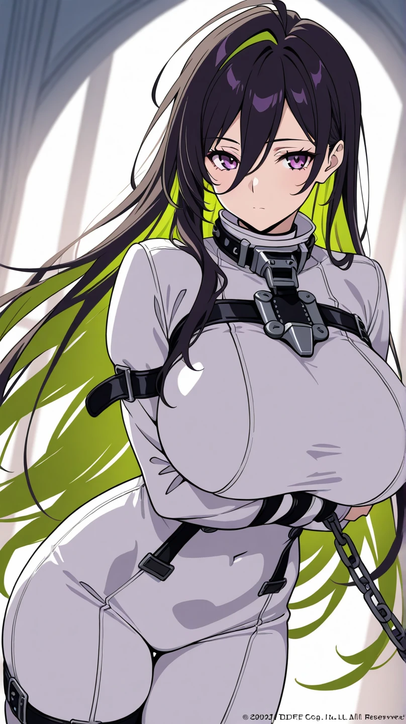 masterpiece, best quality, 1 woman, alone, feeling guilty \(nod\), white bodysuit, color, straitjacket, chain, looking at viewer, chapped lips, standing, hands behind back, huge breasts