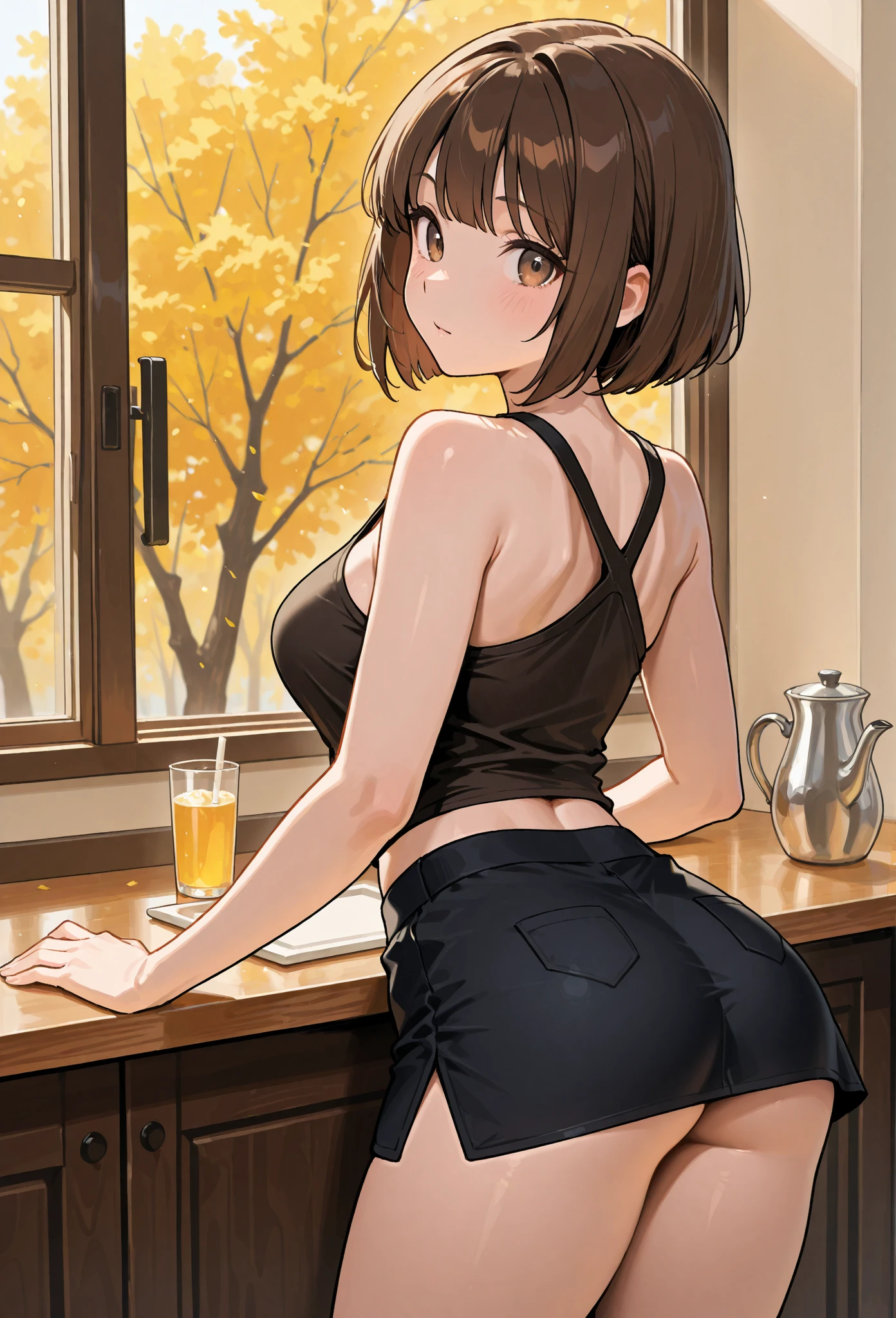 score_9, score_8_up, score_7_up, score_6_up, 1girl, solo, breasts, looking at viewer, short hair, large breasts, brown hair, holding, brown eyes, jewelry, ass, looking back, pants, indoors, dark skin, from behind, bracelet, dark-skinned female, , shadow, chair, black pants, afro