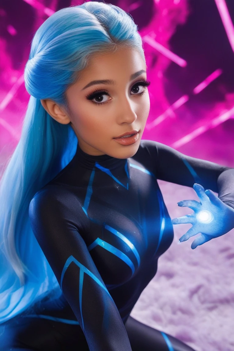 A woman with aquamarine hair, futuristic dress, colorful space nebula, in the style of Annie Leibovitz, high contrast, shallow depth of field --chaos 30 --ar 4:5 --stylize 800