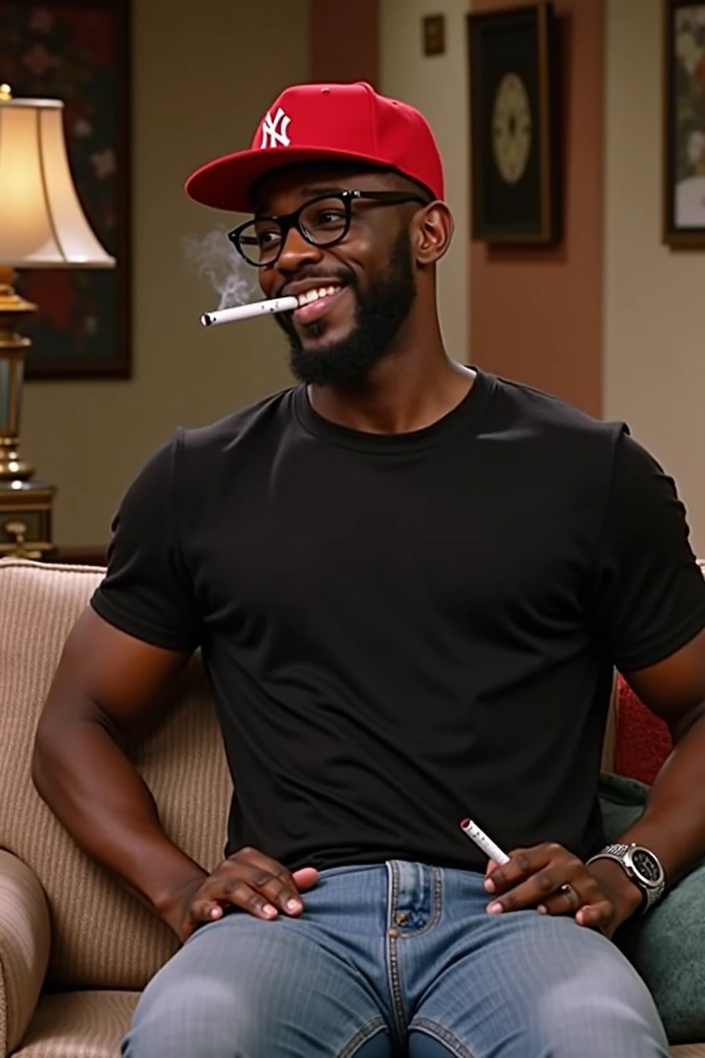 Create a 4k ultra HD, HDR image of a man resembling R. Kelly smoking a cigar. The man should have a bald shave and a nicely trimmed beard. He is wearing sunglasses, and smoke is coming out of his mouth. The image should be in high resolution, capturing all the fine details like the texture of his skin, the smoke’s movement, and the reflection on his sunglasses. The overall vibe should be intense and stylish, with a focus on the realism of the smoke, beard, and sunglasses.