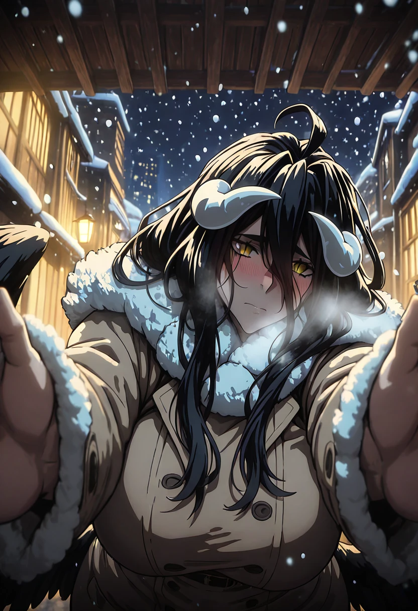 (packge-style:1.4), (tenako_(mugu77)-style:1.2), (mark_gavatino-style:1.2), (himadera-style:1.2), ((anatomical correct)), ((Cinematic, unreal engine, eye-catching, ambient occlusion, UHD, masterpiece)), ((perfect lighting, soft shadow)), perfect body, perfect eyes, perfect fingers, gasping, heavy breathing, gasping profusely, ((skindentation)), ((curvy)), albedo \(overlord\), black hair long hair, bangs, demon horns, low wings, slit pupils, athletic body, (voluptuous:1.5), (mature female:1.5), ((vignetting)), 1girl, blush, scarf, looking_at_viewer, breath, solo, coat, night, embarrassed, fur_trim, snowing, winter_clothes, fur-trimmed_coat, outdoors, pov, jacket, city, cold, motion blur