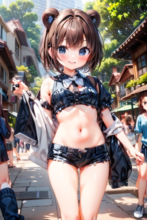 ((masterpiece, best quality, ultra quality, high quality, hyper detailed, intricate detailed, perfect anatomy, shiny skin, cowboy shot,)), (3women are posing for a camera on the water),  (Front lighting), (Lift up your shirt:1.2), (topless), (Laughing with your mouth open),  (Stand in line) ,  brown hair, blond hair, navel, jewelry, looking at viewer, necklace, long hair, short hair, Abdominal muscles, panties,