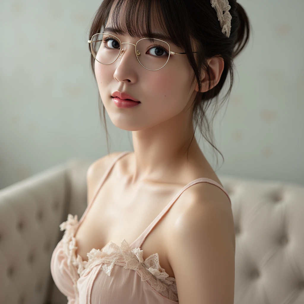 18-year-old female in wedding dress, silver tiara, D cup breasts, Boston-style glasses, brown hair, bob hair, association