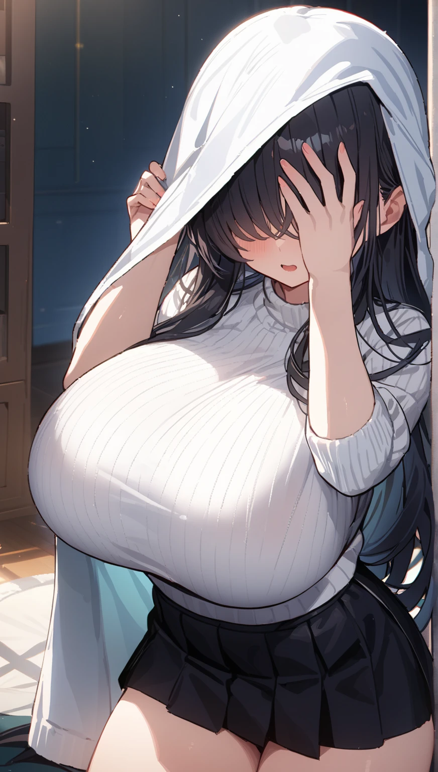 A beauty with long black hair,wearing a black sweater,Sit at a table in an upscale café(Sneer 1.5)(Open mouth 1.5)(The background is in an upscale café:1.5),Anime style 4K,Anime rendering,style of anime,8K fineness,(Upper body display:1.5)(Cinematic lighting:1.5)Middle-aged woman 1.5, (gigantic breasts: 1.6), (lactation:1.5), shirt covers breasts