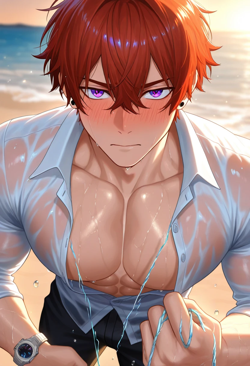 absurdres, highres, ultra detailed, HDR, master piece, best quality, extremely detailed, Todoroki Shouto, bicolor hair, right side white hair, left side red hair, expressive blue eyes, Boku No Hero Academia, solo, sexy man, handsome, manly man, sensual, horny, bare chest, without shirt, island, sea, beach
