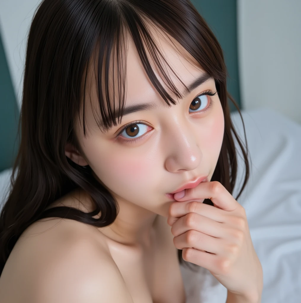 One Girl, Mature Woman, Highest, bow, photograph, Realistic, Highest quality, employment, Detailed face, Sweaty, Embarrassed expression, Korean Makeup, bed,Are sleeping, Staring at me, Building seen from the window, Detailed Background, Diffused sunlight, Written boundary depth, Bokeh