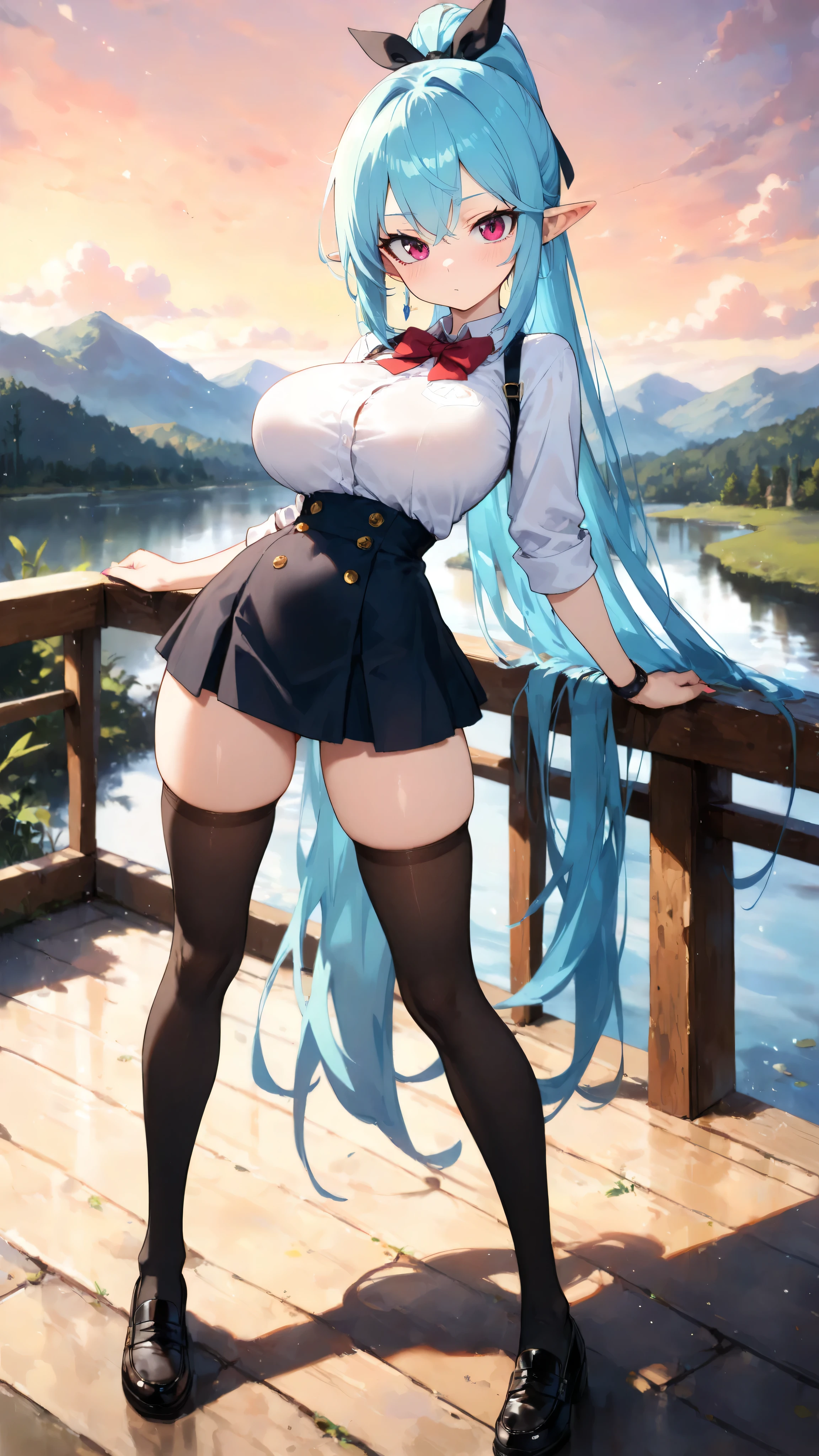 Realistic and detailed image of an elf. with a ninja costume with pleated miniskirt. stockings to mid-thigh. Sportwear sneakers. Unusually shiny long silky black hair combed to the right side. turquoise eyes. She has earrings and long eyelashes. Large breasts, slim waist, very wide hips and thick thighs. Back arched. Kneeling. Posing sensually. Autumn. falling leaves. misty night. garden next to a mansion. Volumetric light. Ambient light.