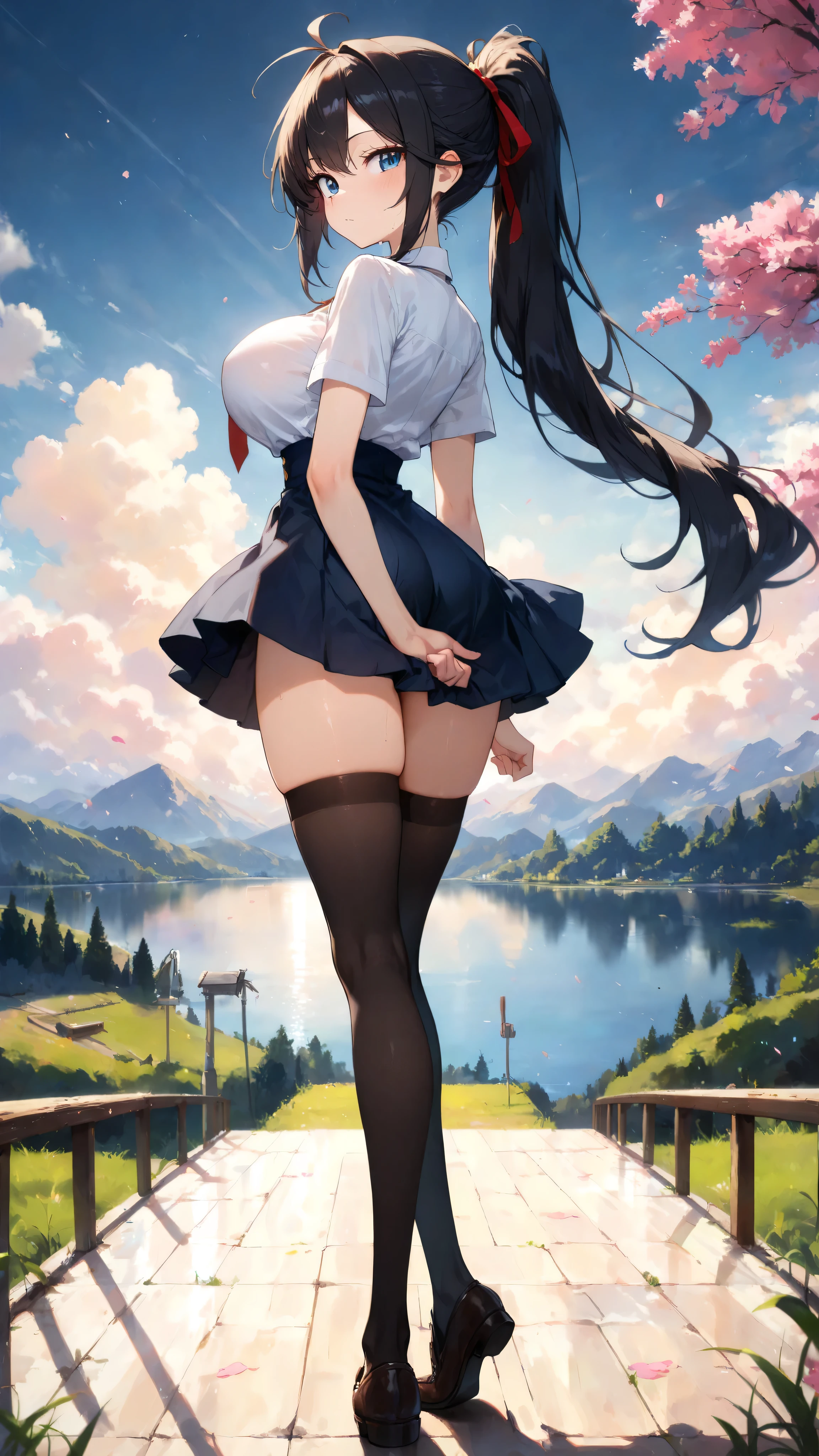 masterpiece, best quality, very aesthetic, absurdres, 1girl, mature_lady, masterpiece, best quality, very aesthetic, absurdres, 1girl, standing, full body, thighhighs,one thighhigh is white, another thighhigh is black, white stocking, black stocking white_sweater, virgin-killing_sweater,,akebi_komichi, akebi-chan_no_serafuku, 1girl, black_hair, long_hair, hair_behind_ear,,in the mountain,floating_clothes