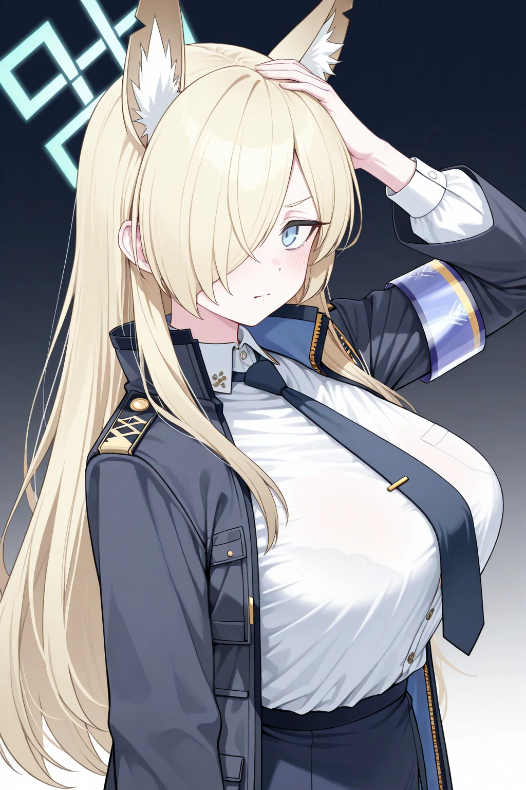 (masterpiece, best quality:1.2),absurdres,highres,1girl,solo,upper body,(portrait:1.2),blue_eyes,black_gloves,blonde_hair,hairband,cleavage,large_breasts,looking_at_viewer,military_uniform,smile,cross_choker,black_pantyhose,miniskirt,very_long_hair,black_choker,white_skirt,white_jacket,pencil_skirt,bangs,<lora:North Carolina(azur)>,