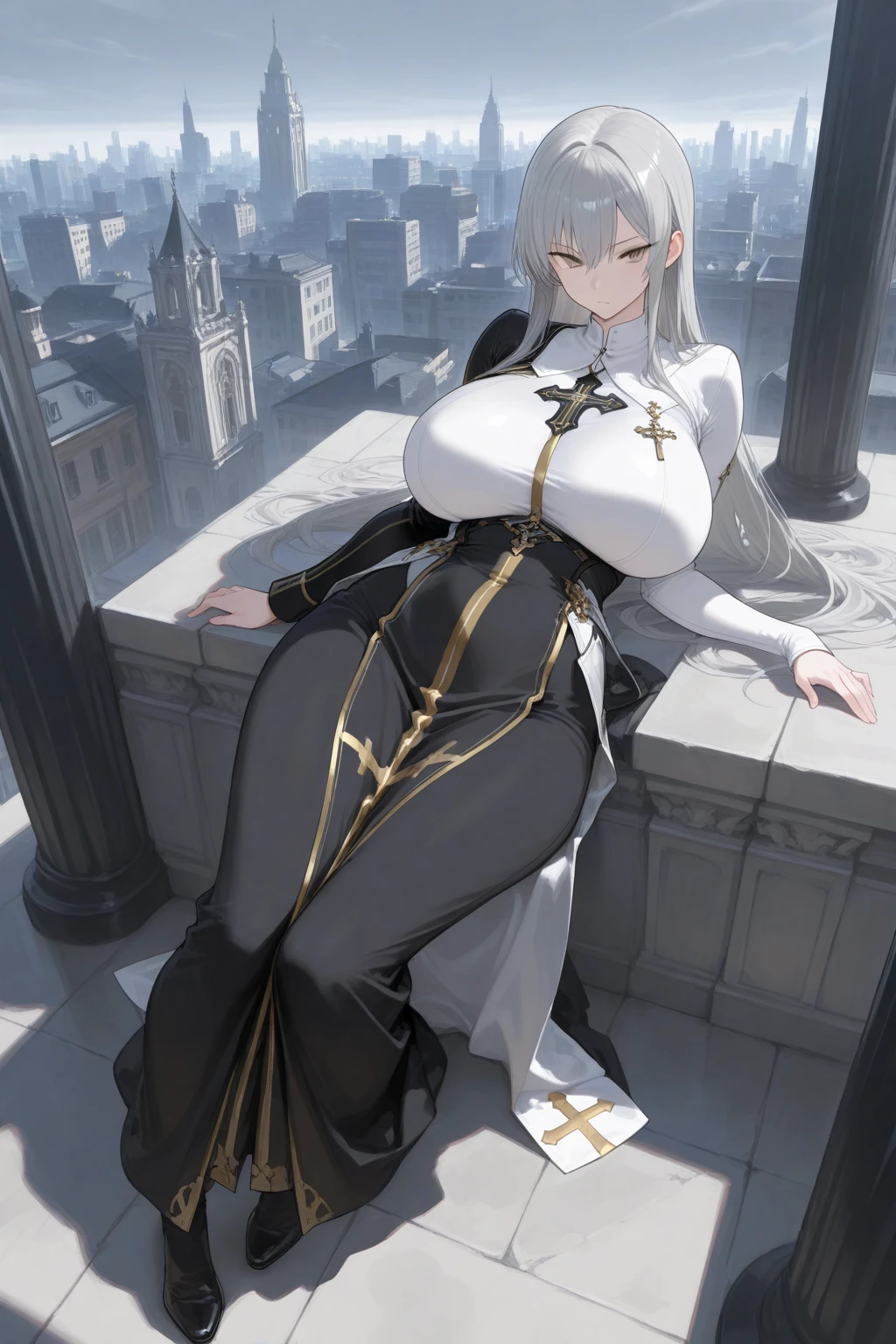 Simple Background、((masterpiece))、Fantasy look、Portrait、Standing posture、Full body photo、Beautiful woman(perfection)、Blonde、Black Hair、White Hair、Long Hair、Straight Hair、Science fantasy uniforms、futuristic 、Open-minded uniform(detailed)、(Vulgar expressions)、High heels、Big Ass、Accentuated hips、Long skirt、Open crotch、Large Breasts、Disheveled uniform、Nasty uniform、Uniform with exposed chest(detailed)、Exposed breasts、Nipples、(桃色のNipples:1.9)、Exposed breasts、20-year-old