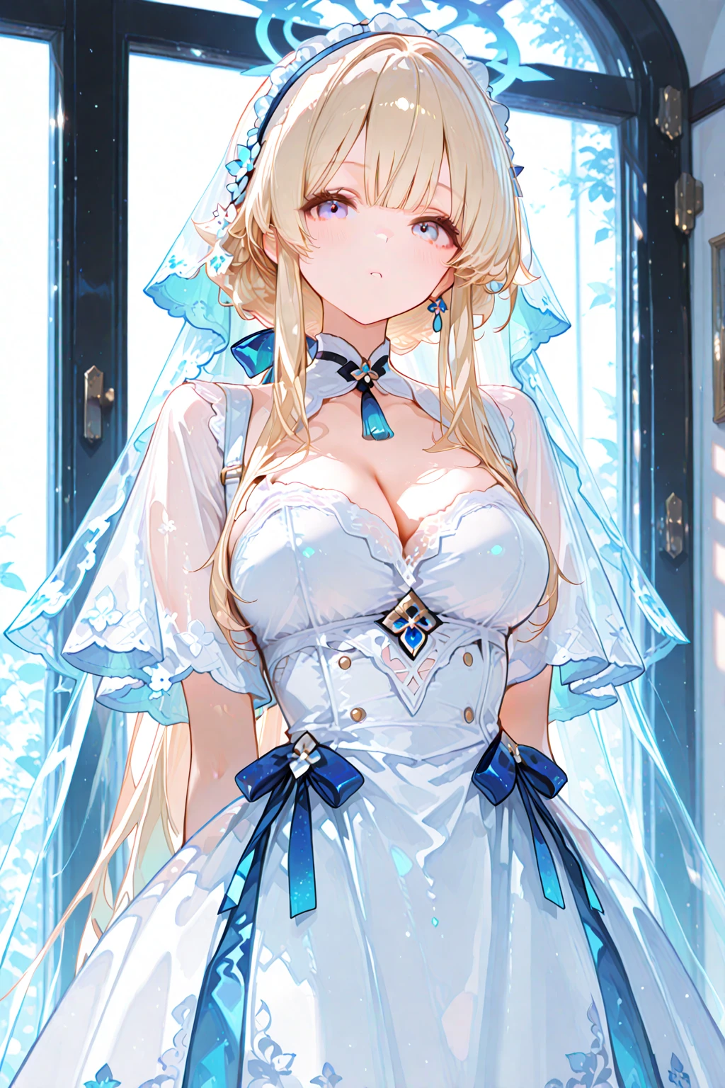 A woman with big ，Beautiful bride，Light blond long hair，Blue Eyes，clavicle，Gorgeous and exquisite wedding dress，weak，Sexy，Color，lactation，blush，Bright Light，In the church，White Rose，Showing lace underwear，