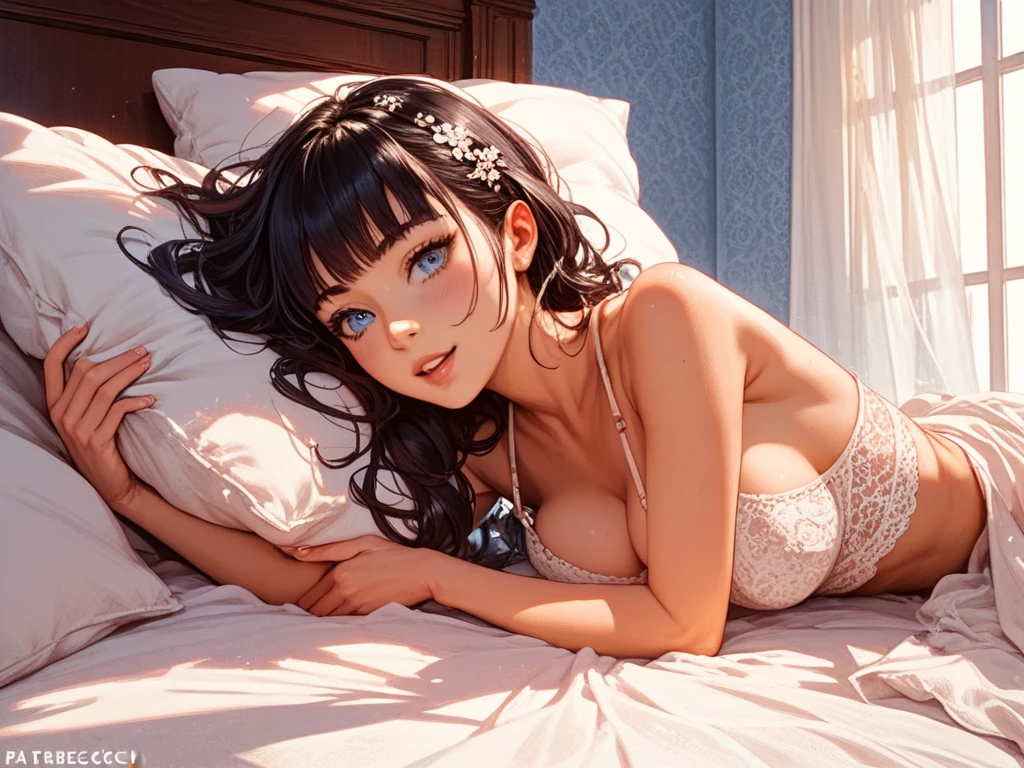 (Best Quality,High resolution,8K,finelity detailed background,Masterpiece:1.2),beautiful girl,Shiny brown hair,messy hair,Brown eyes,Gentle look,A refreshing look,Best quality,Best Quality,Aesthetic and aesthetic:1.2,Best details((Super detailed))(High-definition CG illustrations),Dark gray underwear (dark gray,intricate lace),Slender body,Late Night,Moonlit Night,Bedroom,On the bed,smile,blush,cute,Scrounge,Looking up,Being spoiled,super model,wariza,shoot from below