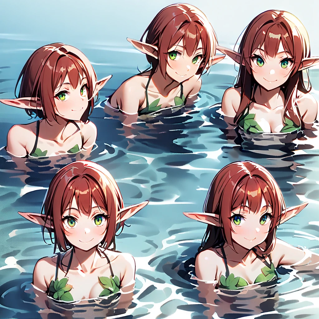 NSFW, (elven2+elvengirls:1.5),  (tanned skin:2.0), dark tanned skin, oil, abs:1.4, line up, elven girls in row, crowd, looking at viewer,masterpiece, top quality, ultra high definition, highest resolution, very detailed, professional lighting, clean skin, CG illustration, slender, very cute, young face, cleavage, lower breast, wet body, (breasts out:1.4), black hair, short hair, semi-long hair, hair ribbon, blue eyes, blush, lying down, open legs, legs raised, navel, from below, wet body,  transparent swimsuit, river,  elven girls playing behind, showing ass, dark forest background