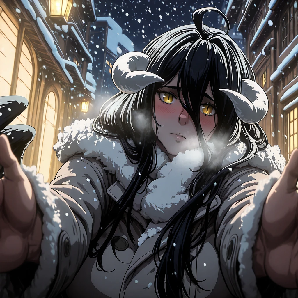 (packge-style:1.4), (tenako_(mugu77)-style:1.2), (mark_gavatino-style:1.2), (kinohara_kossuta-style:1.2), ((anatomical correct)), ((Cinematic, unreal engine, eye-catching, ambient occlusion, UHD, masterpiece)), ((perfect lighting, soft shadow)), perfect body, perfect eyes, perfect fingers, gasping, heavy breathing, gasping profusely, ((skindentation)), ((curvy)), albedo \(overlord\), black hair long hair, bangs, demon horns, low wings, slit pupils, athletic body, (voluptuous:1.5), (mature female:1.5), ((vignetting)), 1girl, blush, scarf, looking_at_viewer, breath, solo, coat, night, embarrassed, fur_trim, snowing, winter_clothes, fur-trimmed_coat, outdoors, pov, jacket, city, cold, motion blur