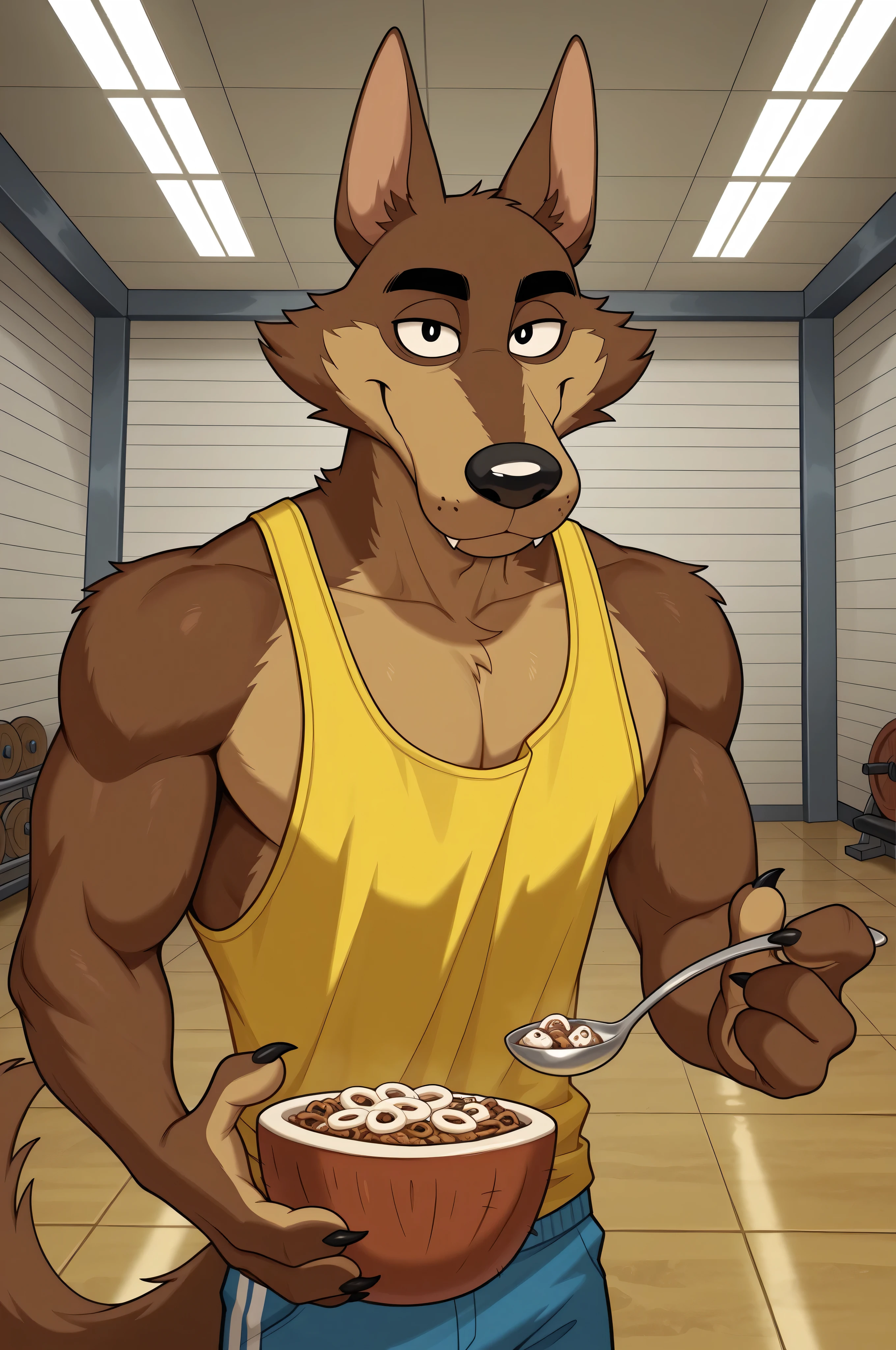 detailed background, detailed fur, cowboy shot, dynamic pose, solo, 1boy, wall3yw0lf, wolf, expressive, wolf tail, gym, modern gym scenery, windows, tiled floor, floor to ceiling details, looking a viewer, yellow tank top, brown w shown on tank top, coconut bowl with coconut crunchos cereal in hand, spoon in bowl, daddy bod, muscular, detailed eyes, eyes focus, perfect eyes, big iris, pupils shown, perfect cartoon animated eyes, visible clear eyes detailed scenery, masterpiece, best quality, very aesthetic, newest, masterpiece, best quality, amazing quality, very aesthetic, absurdres, newest,, high res, ultra detailed, best quality, best artwork, black eyes, detailed eyes, (eyes focus), perfect eyes, big iris, pupils visible, 4fingers, anthro hands, claws, 4k, ultra quality, perfect face, absurdres,masterpiece,best