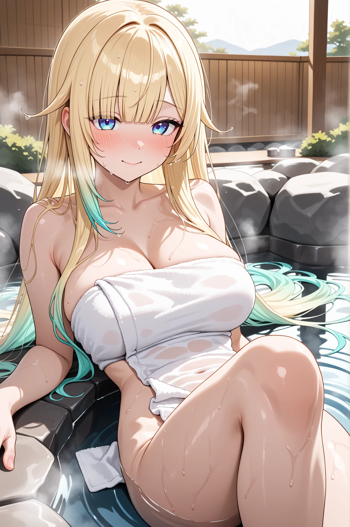 voroshilov, naked towel, 1girl, breasts, towel, large breasts, looking at viewer, solo, onsen, cleavage, wet, sitting, water, blush, parted lips, smile, collarbone, thighs, sunlight, bathing, outdoors, rock, partially submerged, --auto --s2