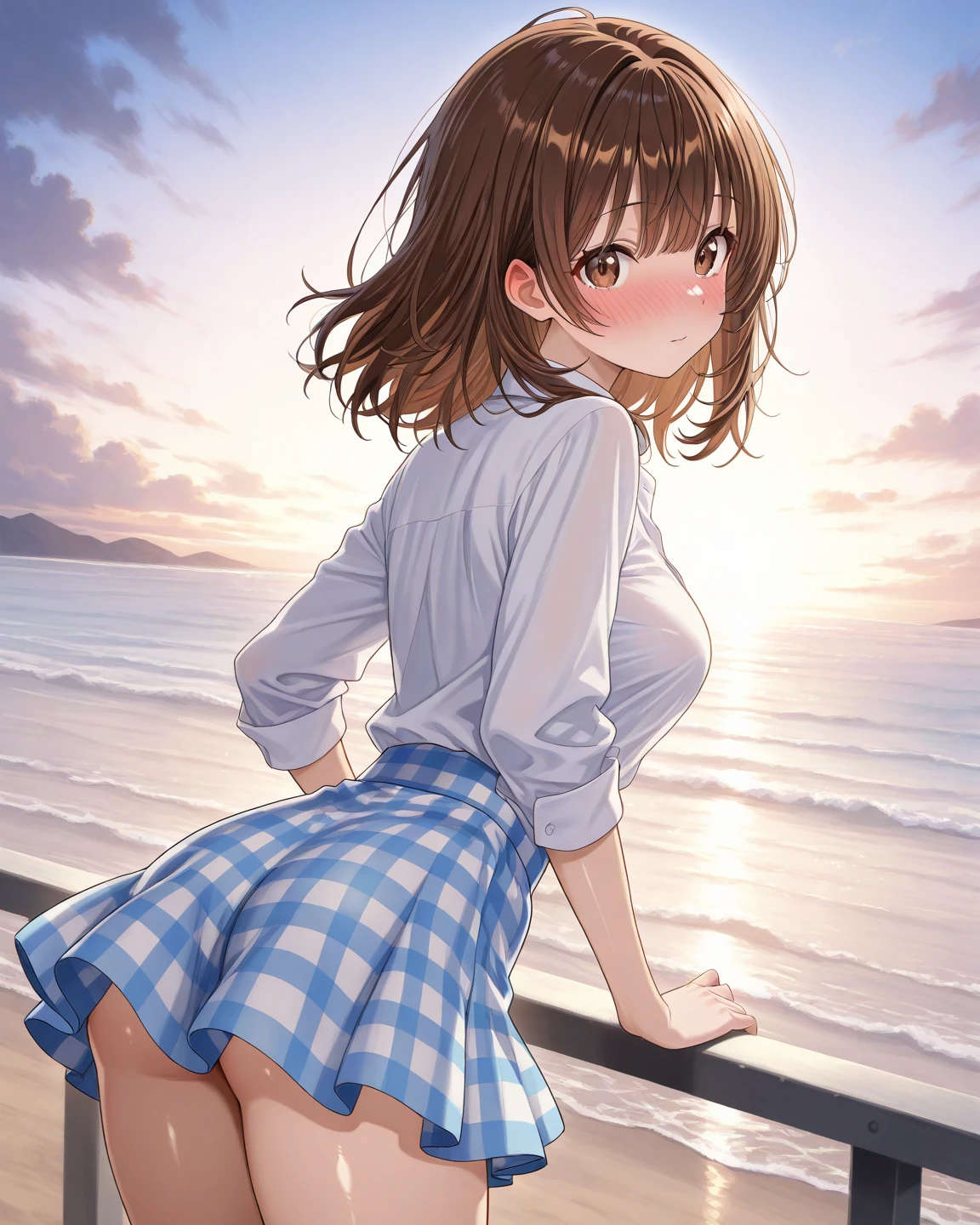 (Highest qualityのイラスト:1.2), (pretty girl:1.1), (1 girl、17 years old、Highest qualityのイラスト:1.2), (1 girl、smile、Small breasts、blue eyes)、 Brown Hair、short hair、Wavy Hair、Curly Hair、Low Twintails、(Highest quality、Very detailed、Very detailed and beautiful、Ultra-high resolution) 、,{white business shirt:1.2、Short sleeve、Grey pleated skirt}、Outdoor、summer、Sweat、See-through、Small breasts、Thin thighs