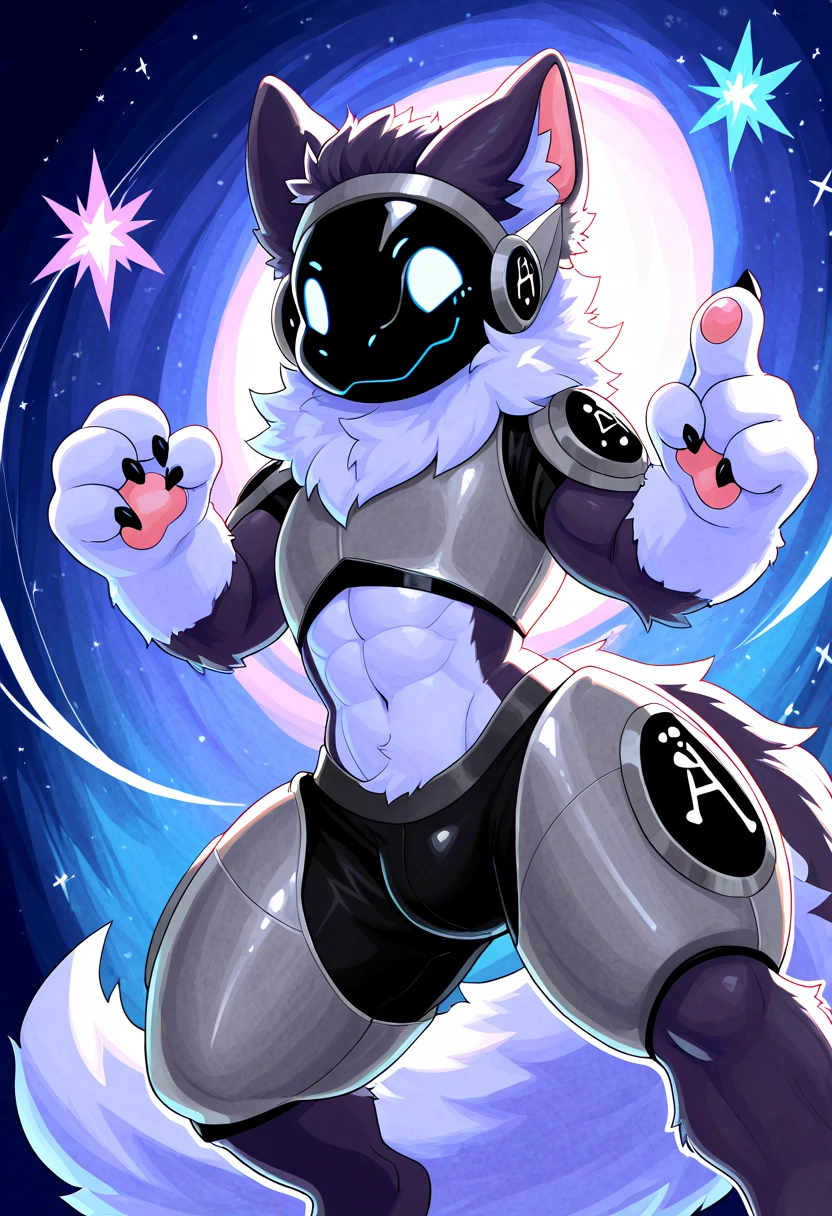 Big black cat , black robot helmet with a purple kawaii cat face, muscular, furry, black sleeveless shirt, Morados shorts, with heart stickers on the body