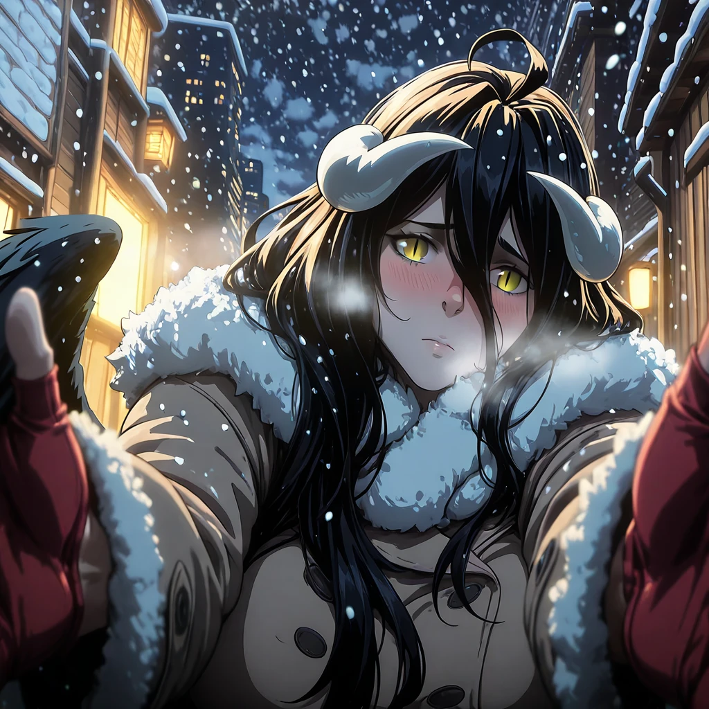 (packge-style:1.4), (tenako_(mugu77)-style:1.2), (mark_gavatino-style:1.2), (blueorca-style:1.2), ((anatomical correct)), ((Cinematic, unreal engine, eye-catching, ambient occlusion, UHD, masterpiece)), ((perfect lighting, soft shadow)), perfect body, perfect eyes, perfect fingers, gasping, heavy breathing, gasping profusely, ((skindentation)), ((curvy)), albedo \(overlord\), black hair long hair, bangs, demon horns, low wings, slit pupils, athletic body, (voluptuous:1.5), (mature female:1.5), ((vignetting)), 1girl, blush, scarf, looking_at_viewer, breath, solo, coat, night, embarrassed, fur_trim, snowing, winter_clothes, fur-trimmed_coat, outdoors, pov, jacket, city, cold, motion blur